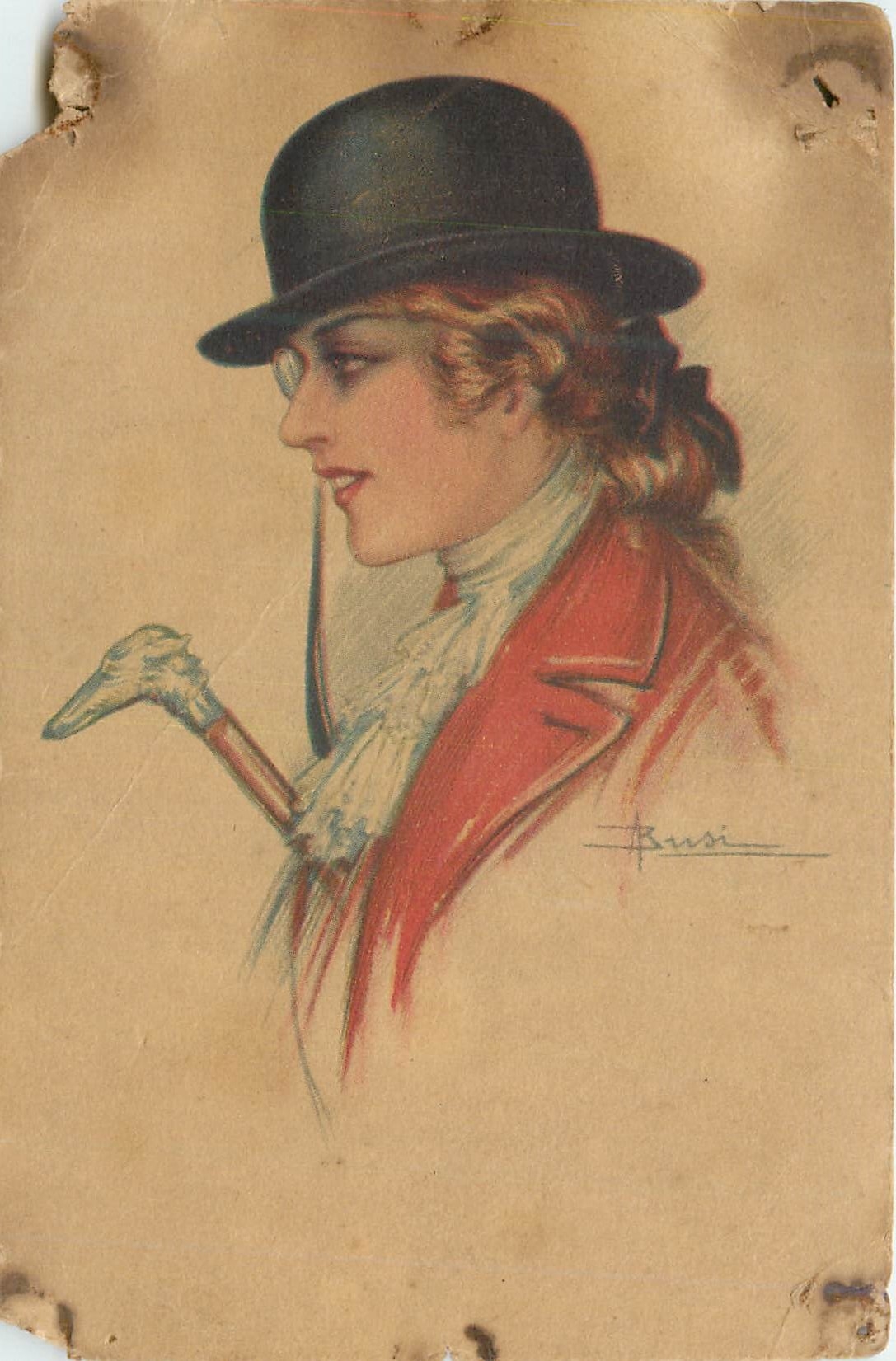 Jeune femme en chapeau melon et manteau rouge — illustration artistique — Busi