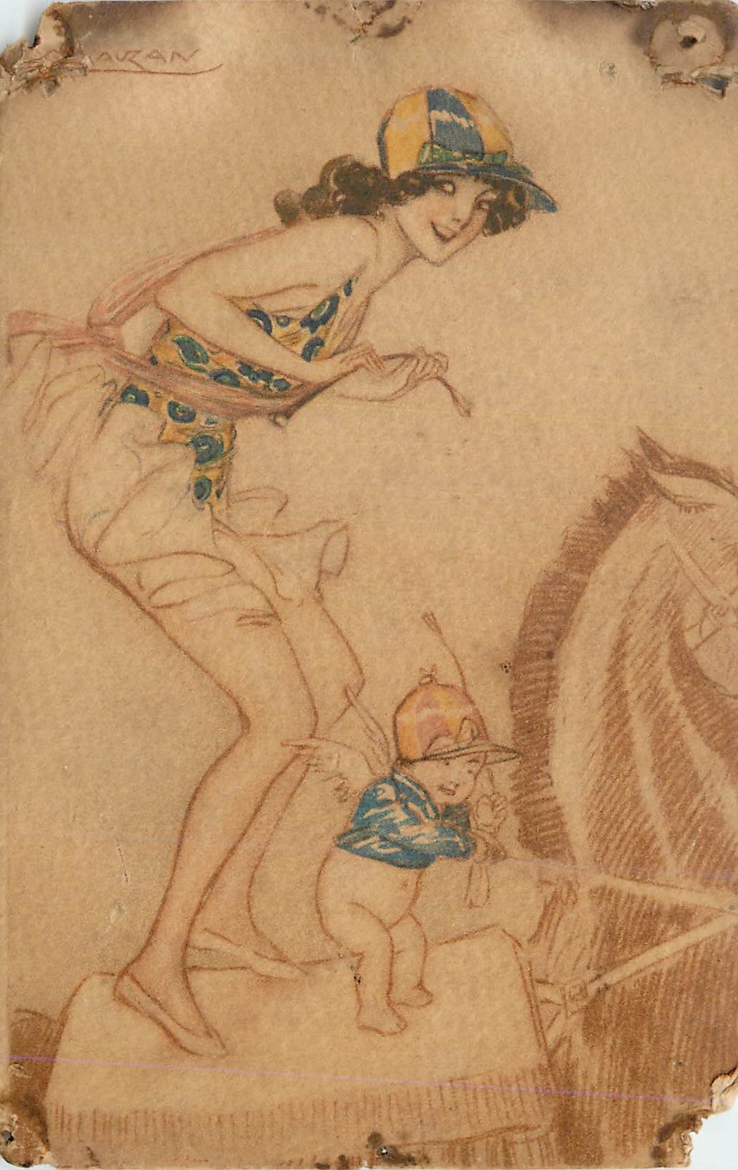 Femme et enfant sur un cheval — illustration artistique — éditeur Rev. Stampa, Milan