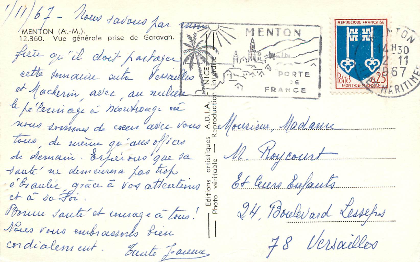 CPM Menton(a m) 12360 vue generale prise de garavan — Rückseite