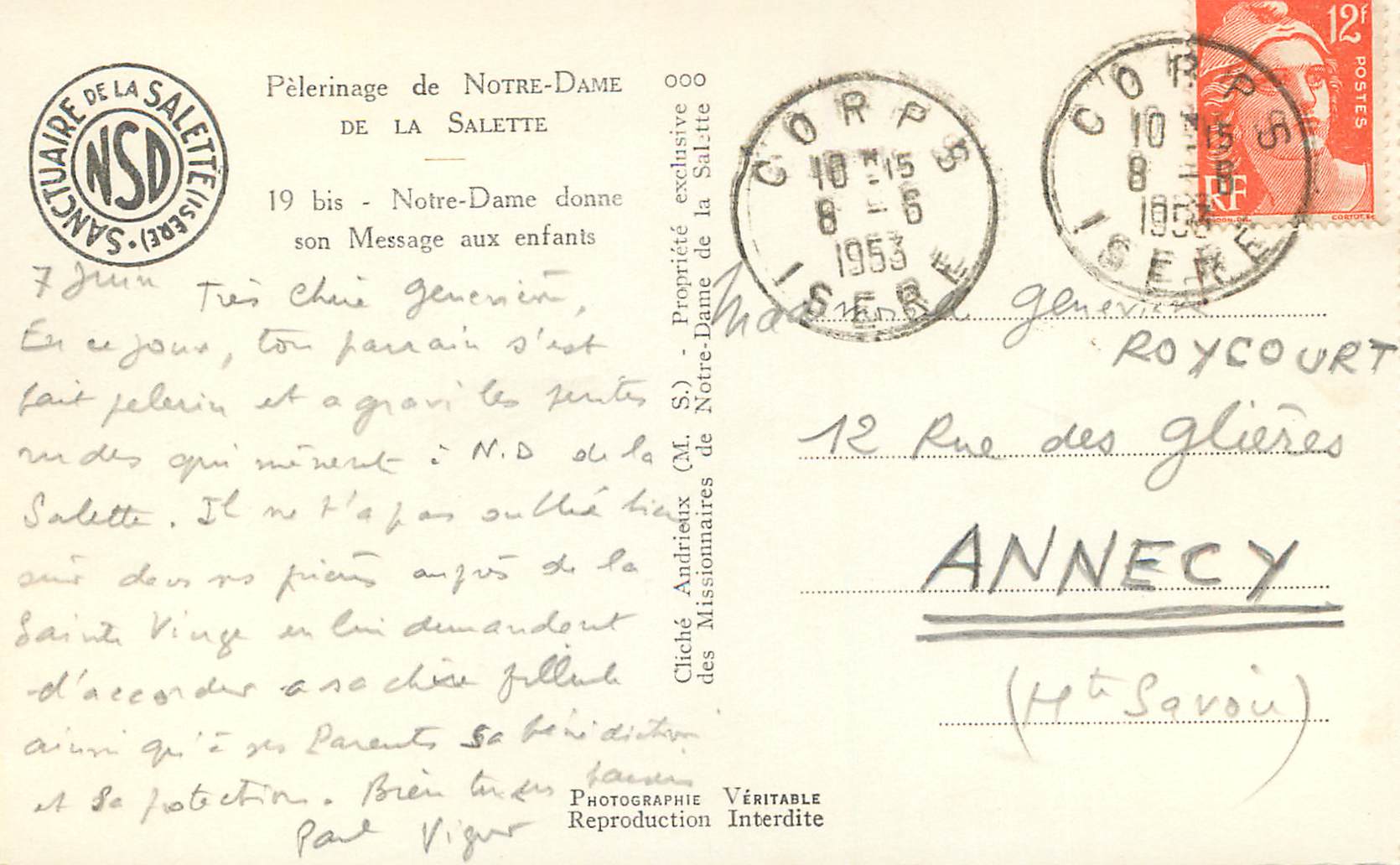 CPM Pelerinage de notre dame de la selette — Rückseite
