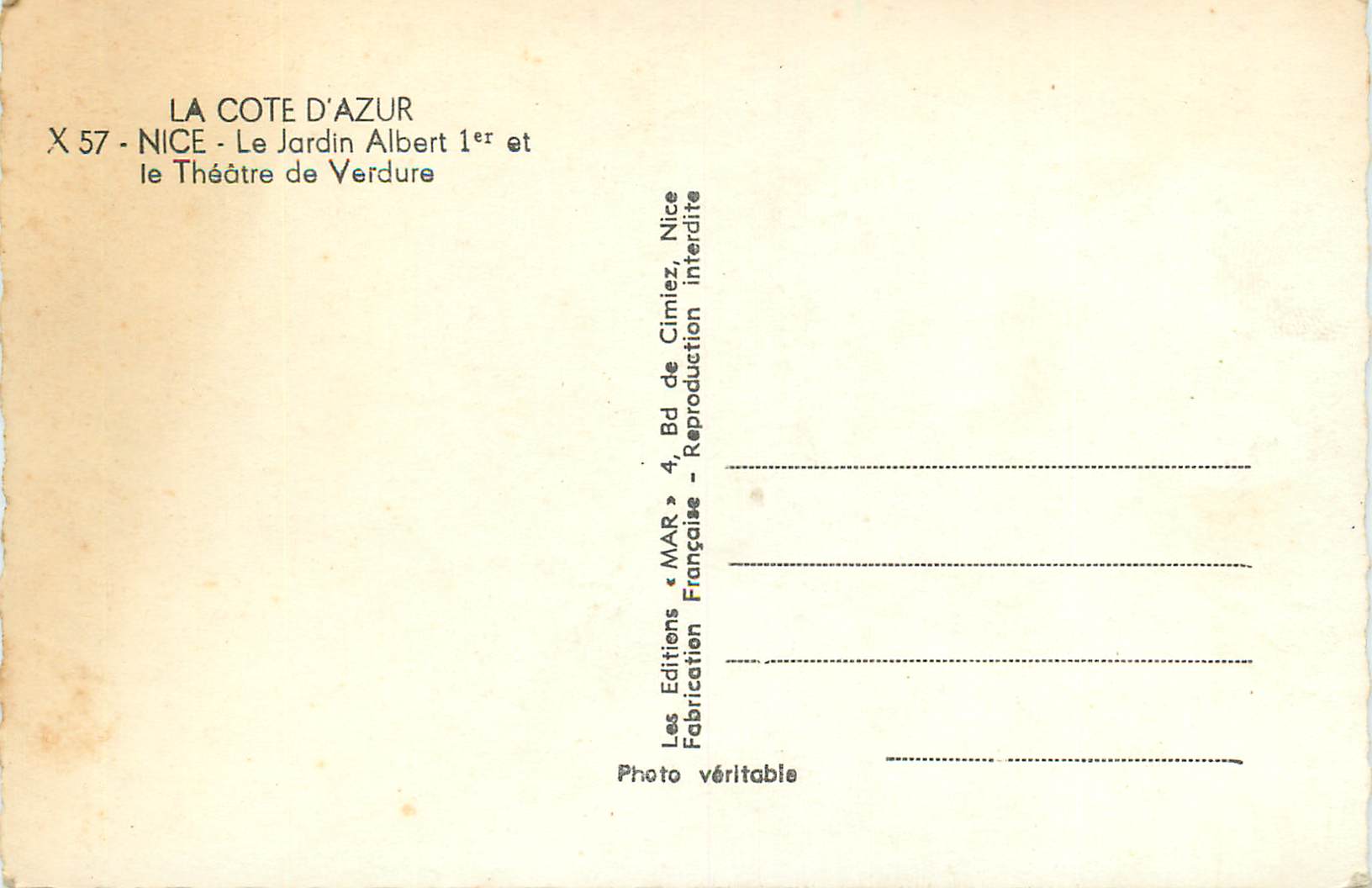 CPM La cote d azur x57 nice le jardin albert 1er et le theatre de verdure — Verso