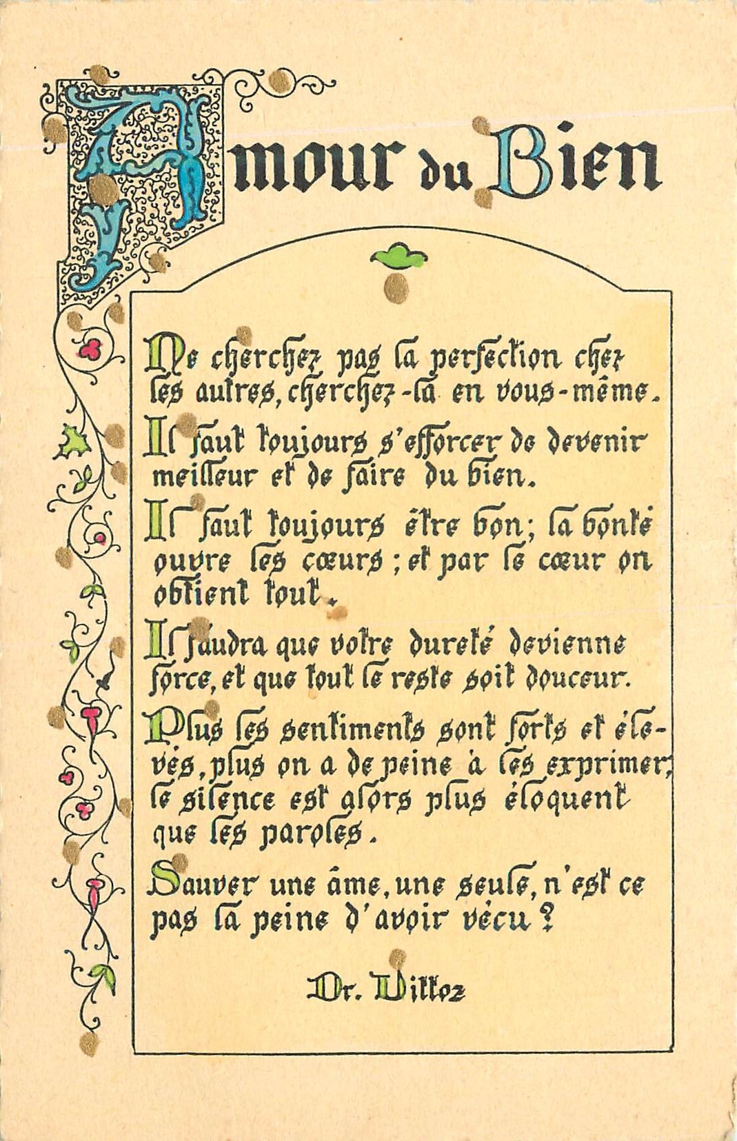 Amour du Bien — poème moral — Dr. Vittez - Recto