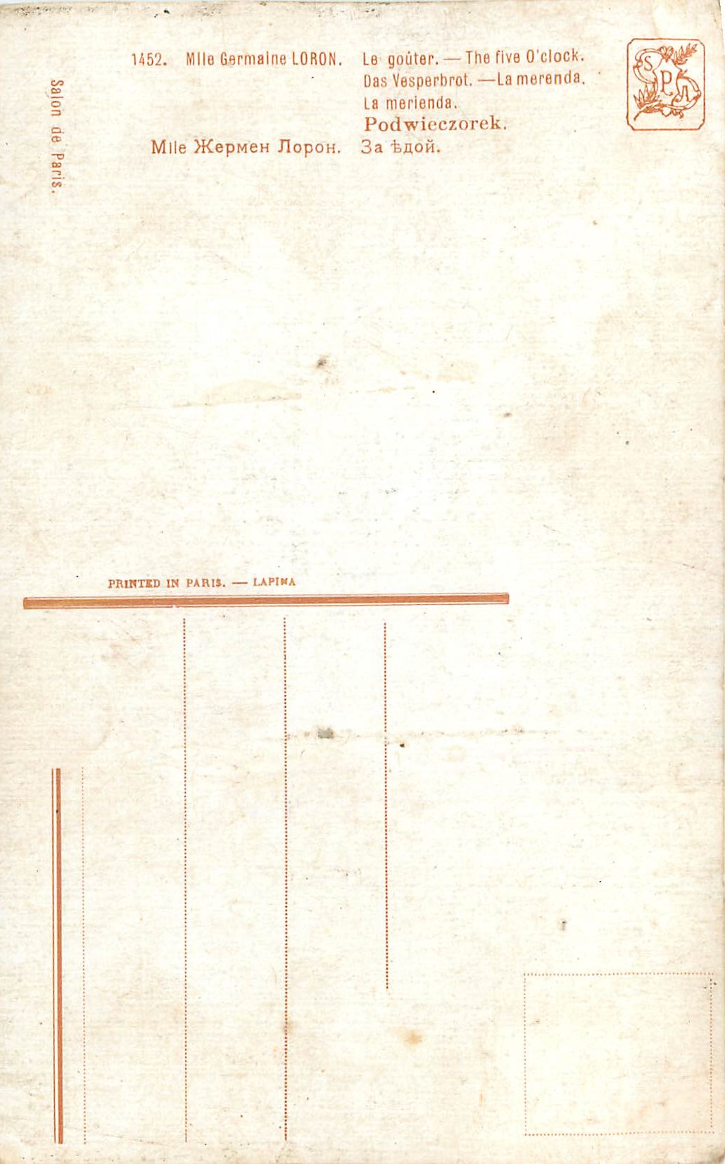 CPA 1452 mlle germaine loron le gouter — Verso