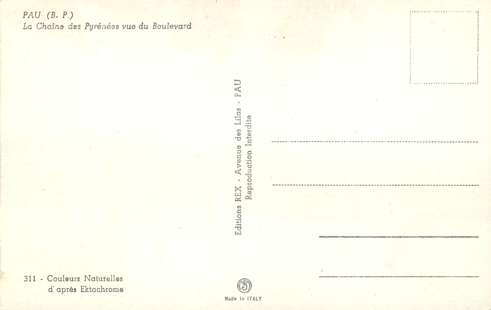 CPM Pau (b p) la chaine des pyrenees vue du boulevard — Verso