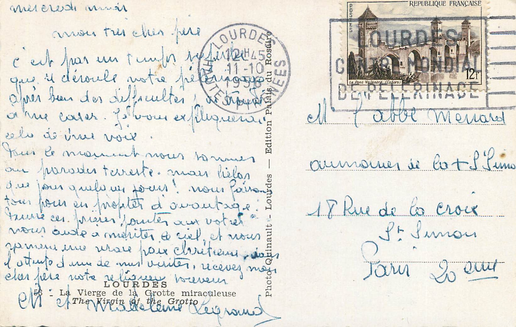 CPA Lourdes la vierge de la grotte miraculeuse — Verso