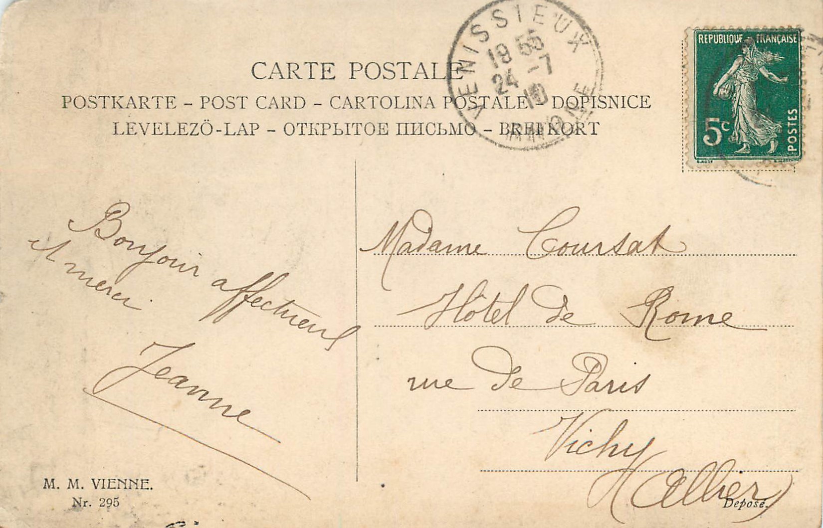 Femmes et cerfs dans la neige — éditeur M.M. VIENNE, n° 295 — Verso