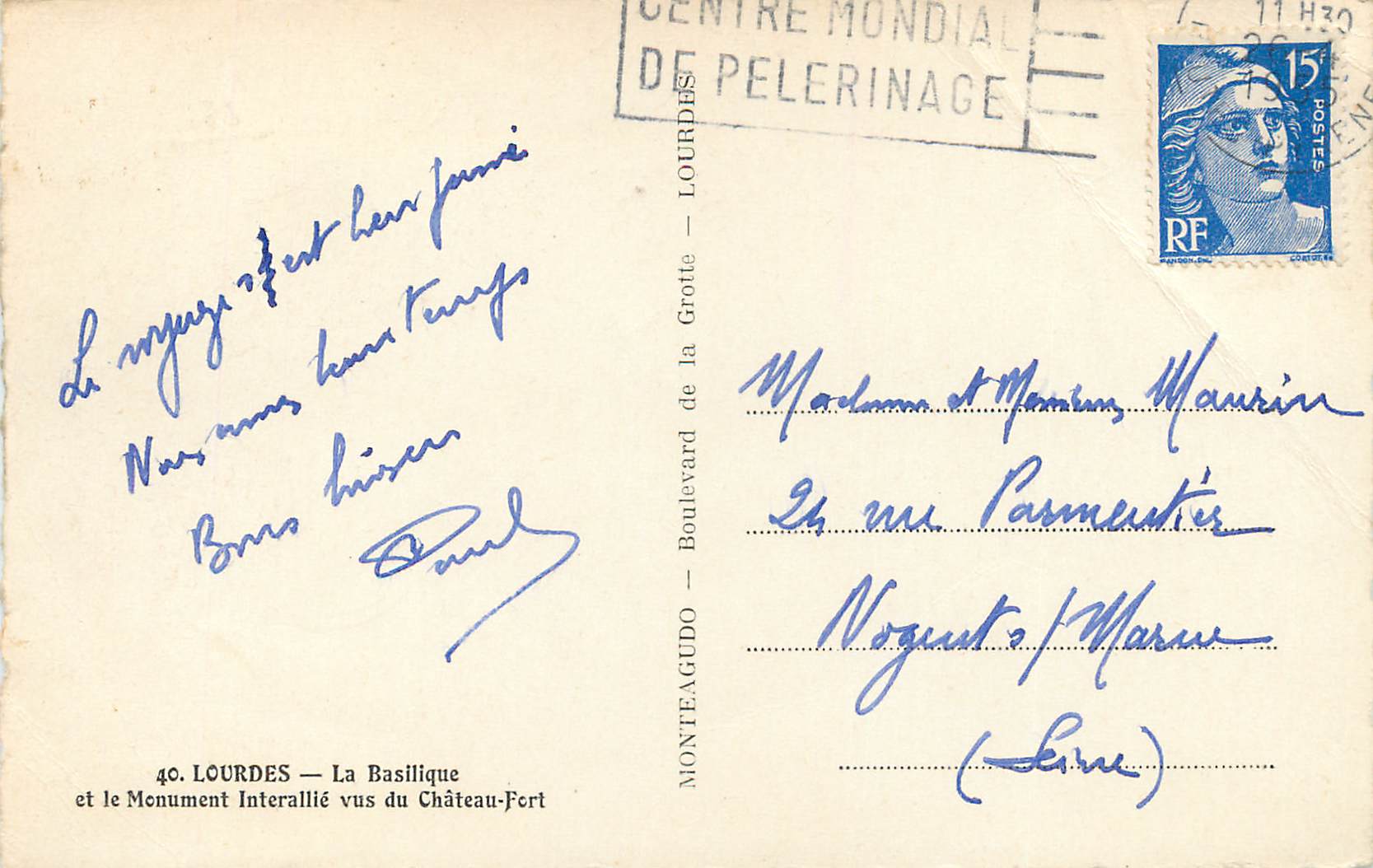 CPM 40 lourdes la basilique et le menument interallie vus du chateau fort — Verso