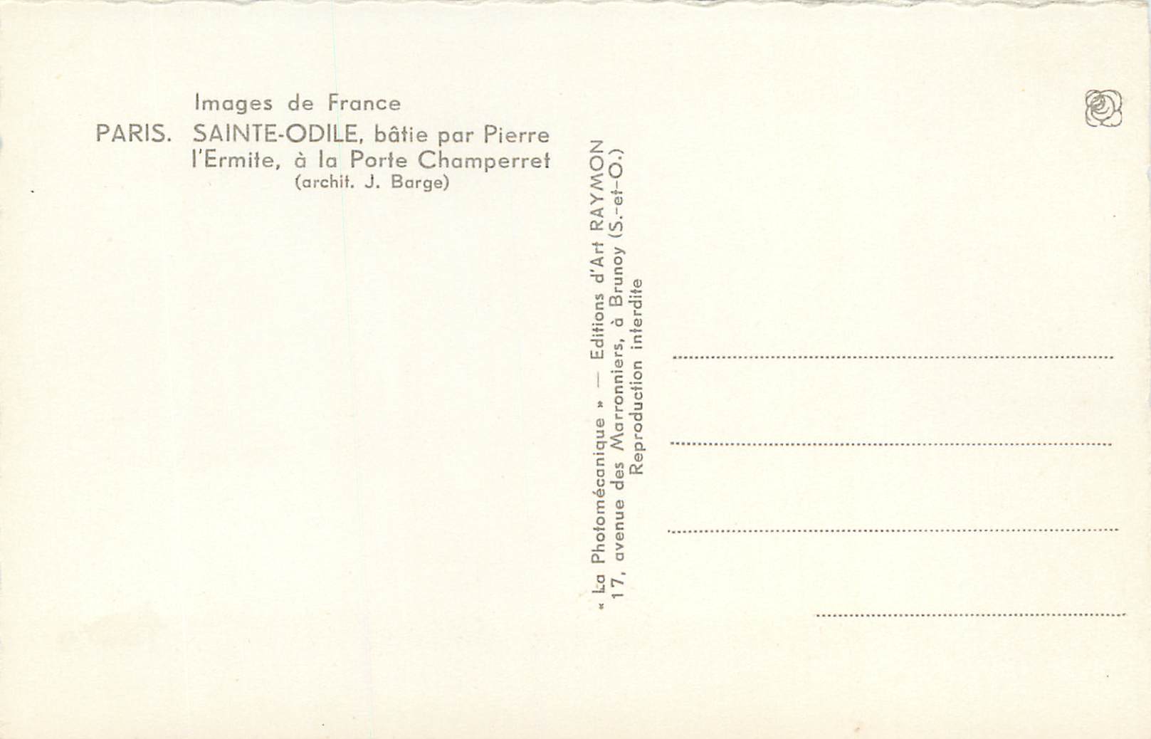 CPM Images de france paris sainte odile batie par pierre l ermite a la porte champerret (archit j barge) — Rückseite