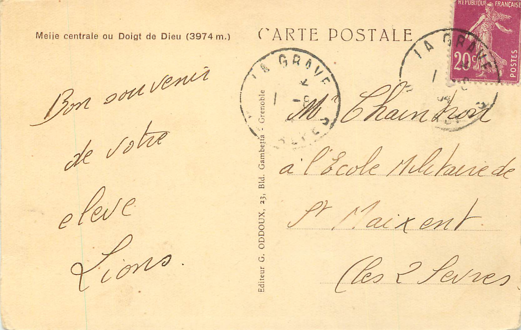 Meije centrale ou Doigt de Dieu (3974 m.) — Éditeur G. Oddoux — Rückseite