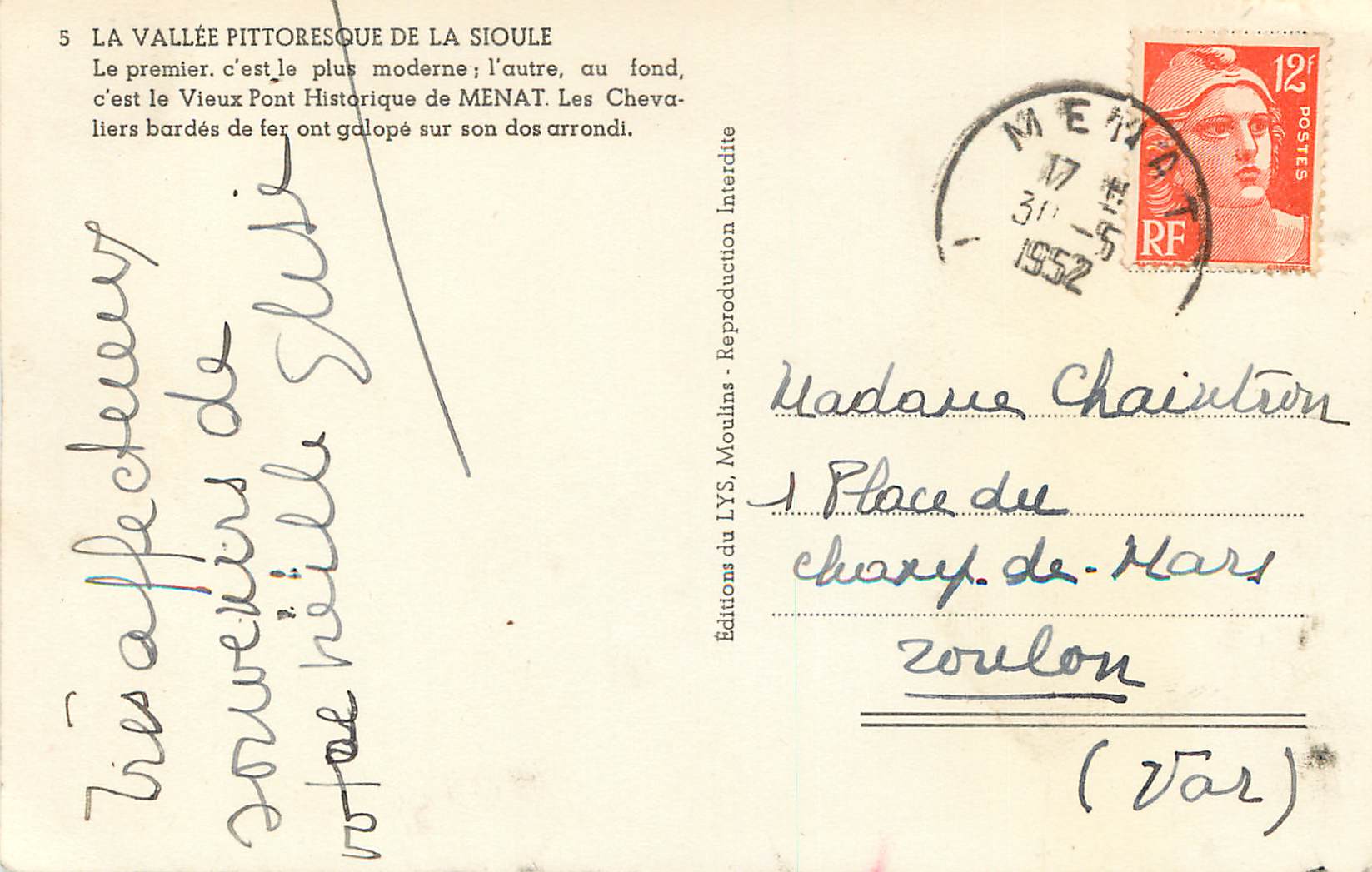 La Vallée pittoresque de la Sioule — Menat — Éditions du LYS, Moulin — Verso