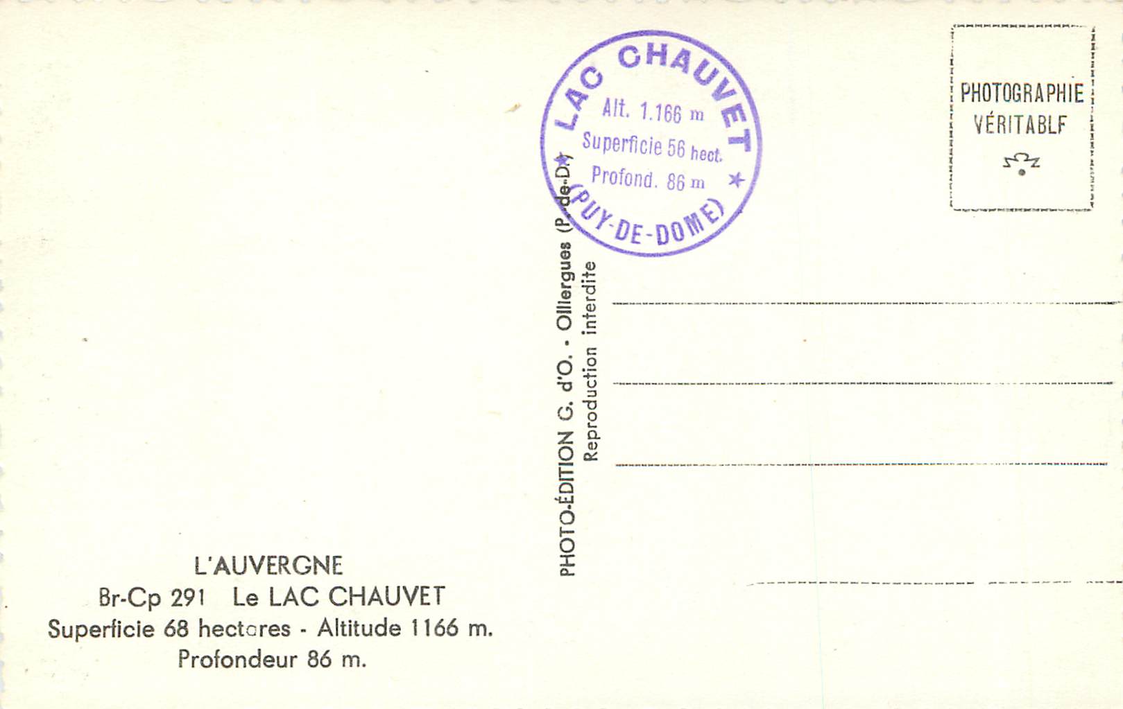 CPM L auvergne br cp 291 le lac chauvet superficie 68 hectares altitude 1166 m profondeur 86 m — Rückseite
