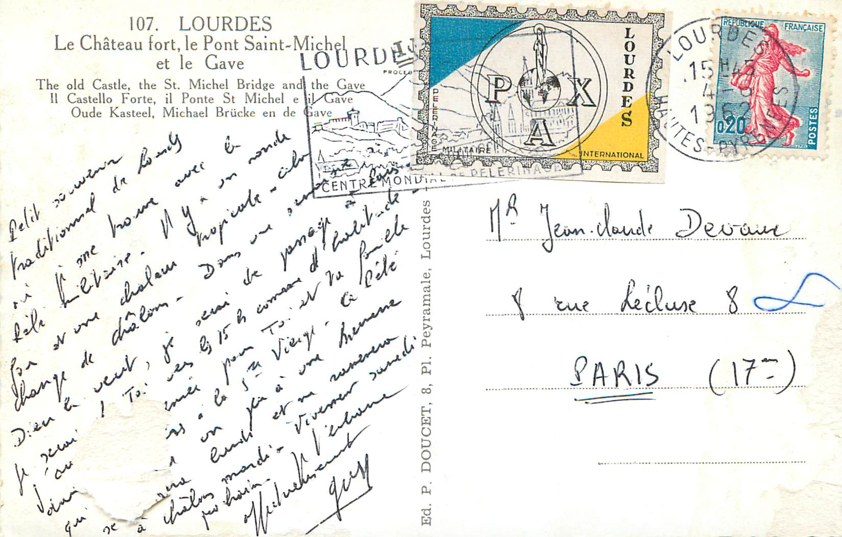 CPM 107 lourdes le chateau fort le pont saint michel et le cave — Verso