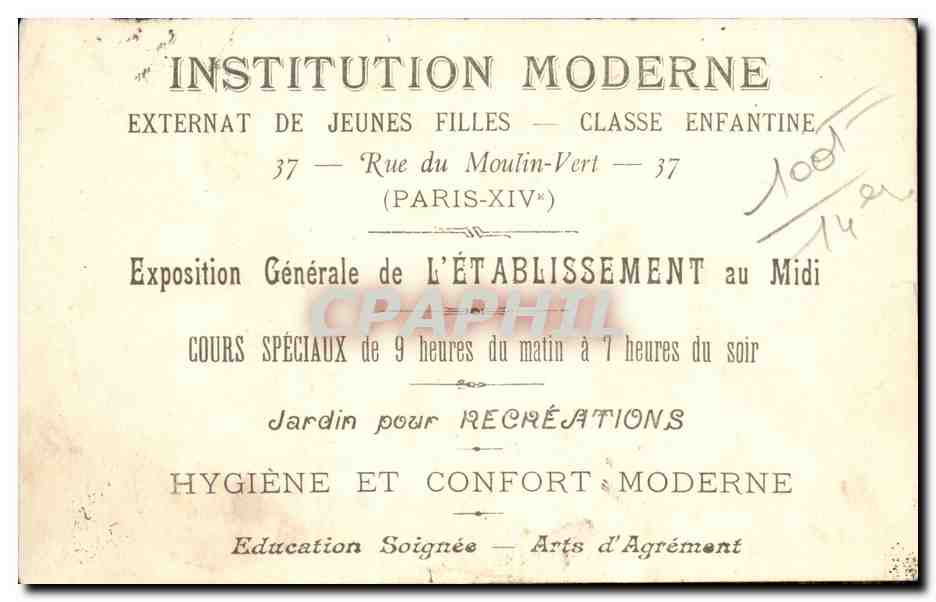 Paris (14 ) Institution Moderne La Recreation- Rue Moulin Vert- --CPA — Rückseite