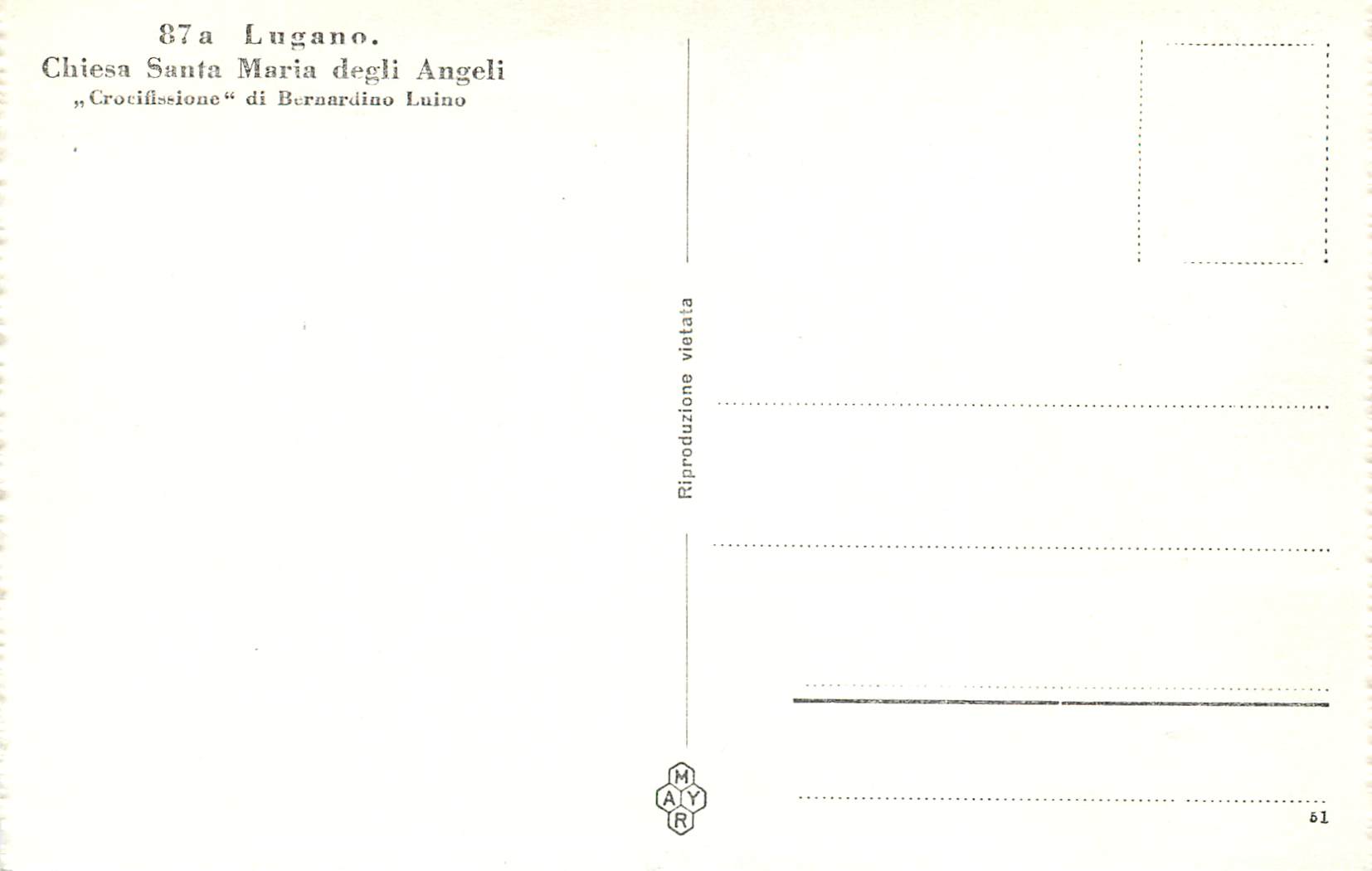 CPA 87 a Lugano Chiesa Santa Maria Degli Angeli Crocifiselone di Bernardino Luino — Rückseite