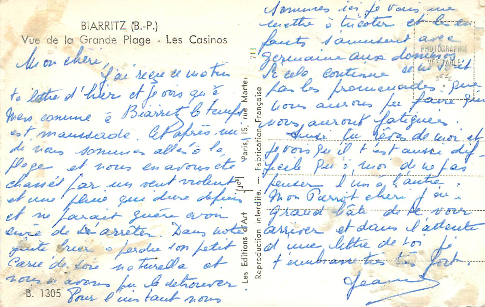 Biarritz (B.P.) — Vue de la Grande Plage - Les Casinos — Les Éditions Françaises — Rückseite