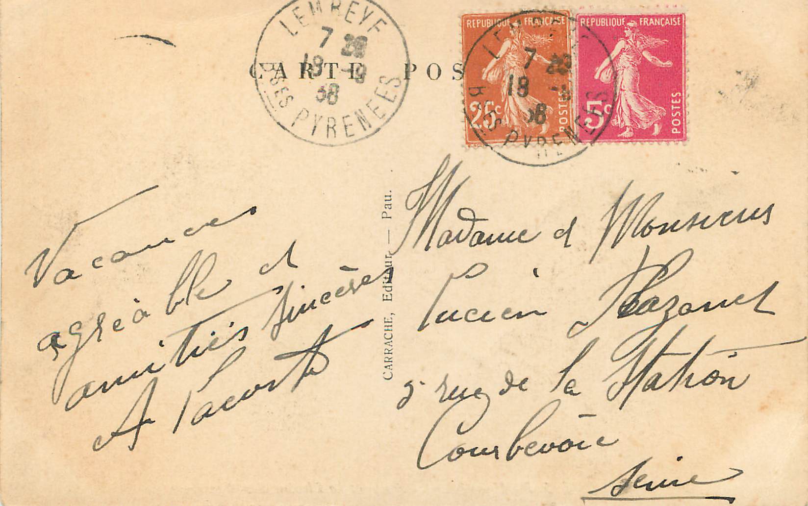 CPA CC5 Pau Place Royale et la Chaine des Pyrenees — Verso