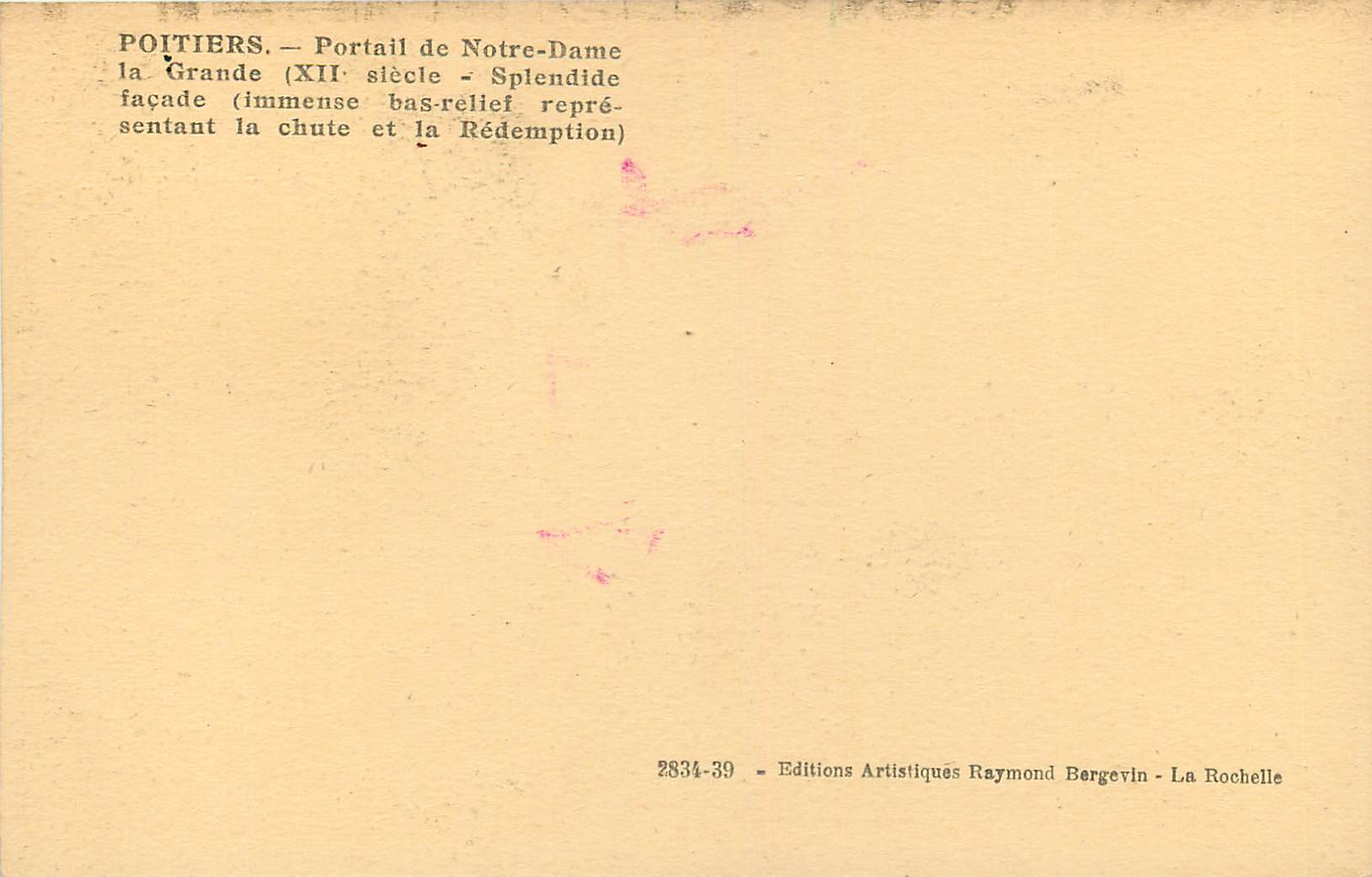 Poitiers — Portail de Notre-Dame — Éditeur Raymond Bergevin, n° 2834-39 — Rückseite