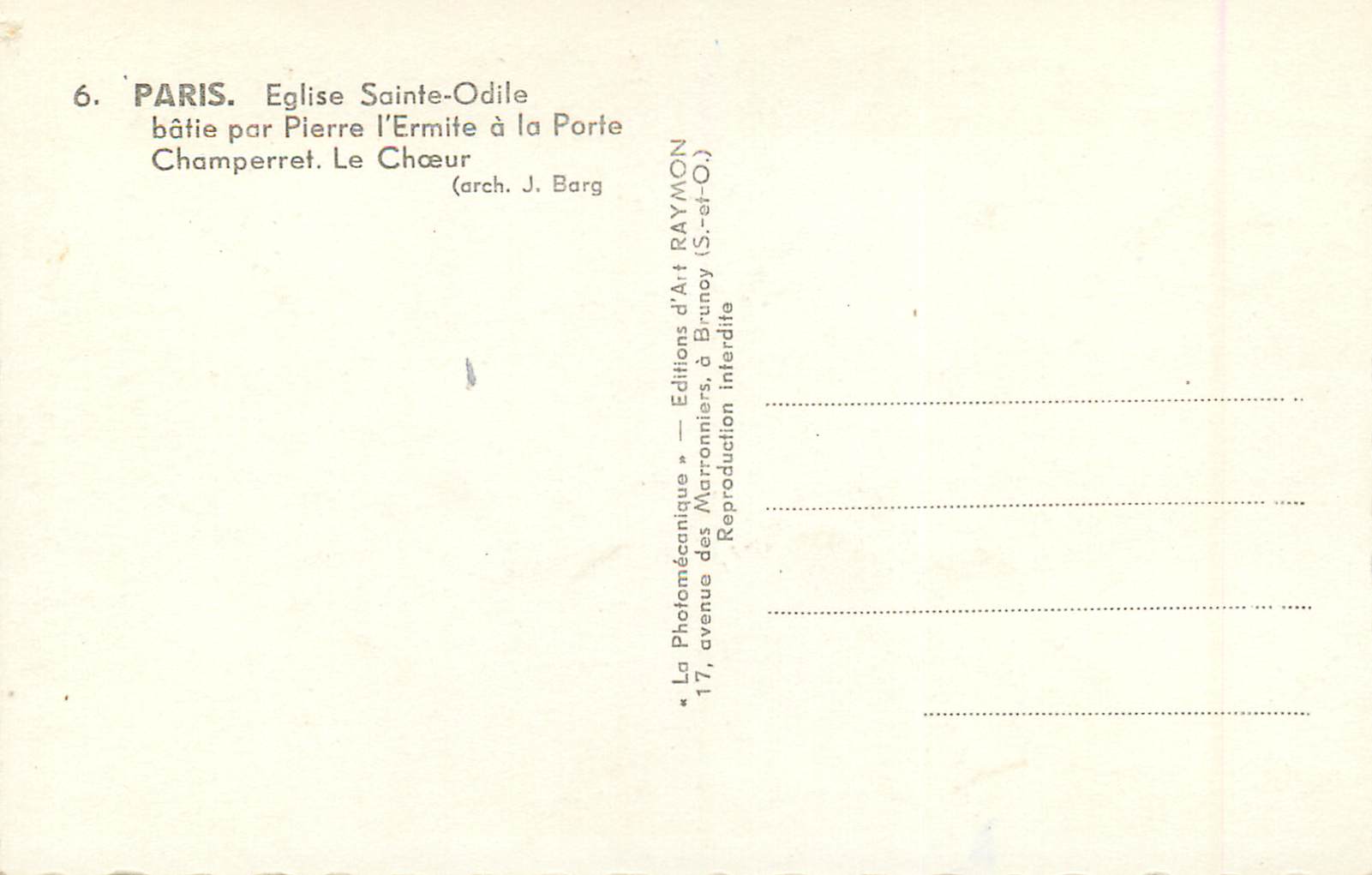 CPM Paris Eglise St Odile Batie par Pierre L'Ermite a la Porte Champerret Le Choeur — Rückseite