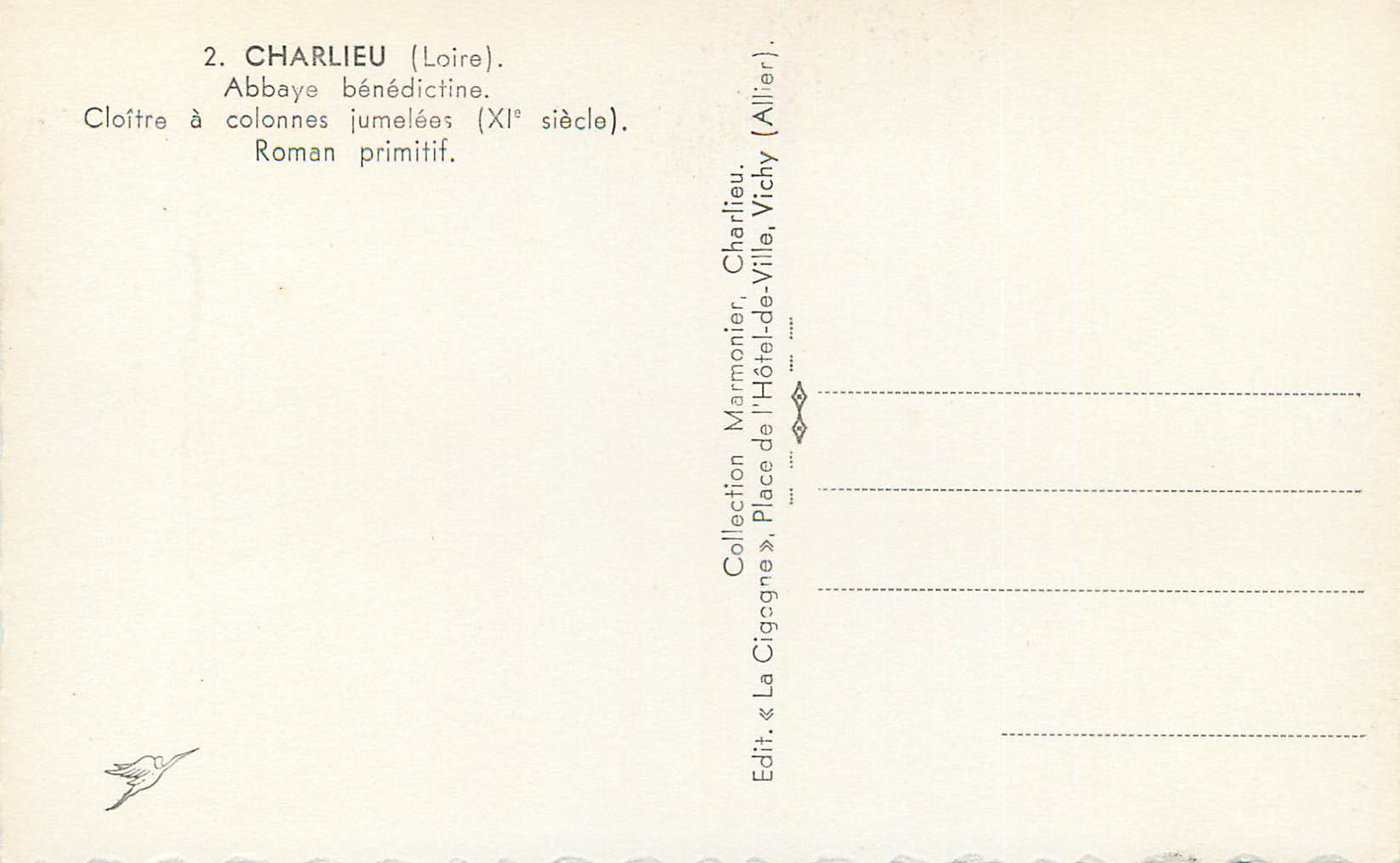 CPM Charlieu (Loire) Abbaye Benedictine Cloitre a Colonnes Jumelee (XIe Siecle) Roman Primitif — Rückseite