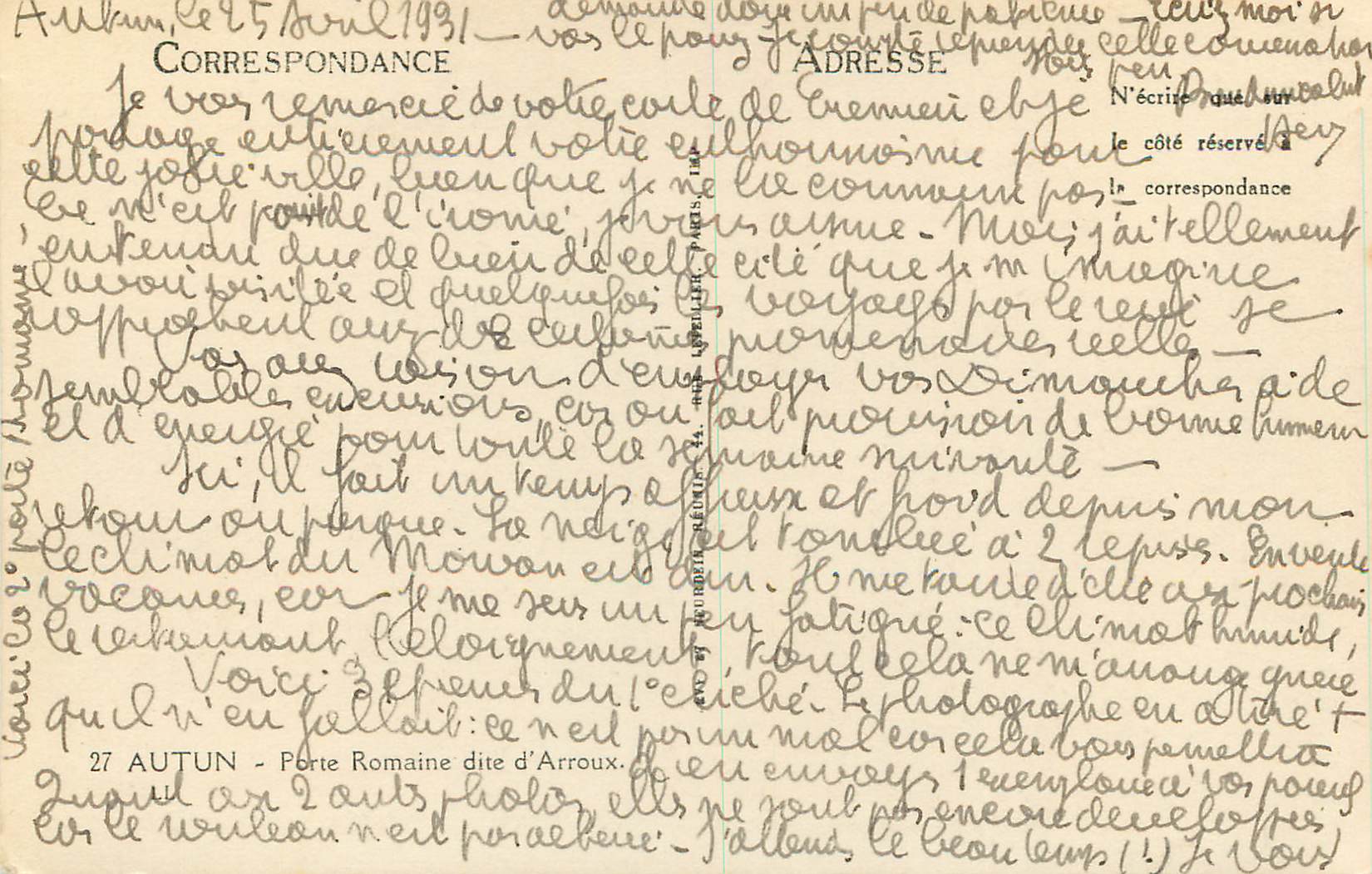 Porte Romaine d'Arroux — Autun — Correspondance manuscrite — Rückseite