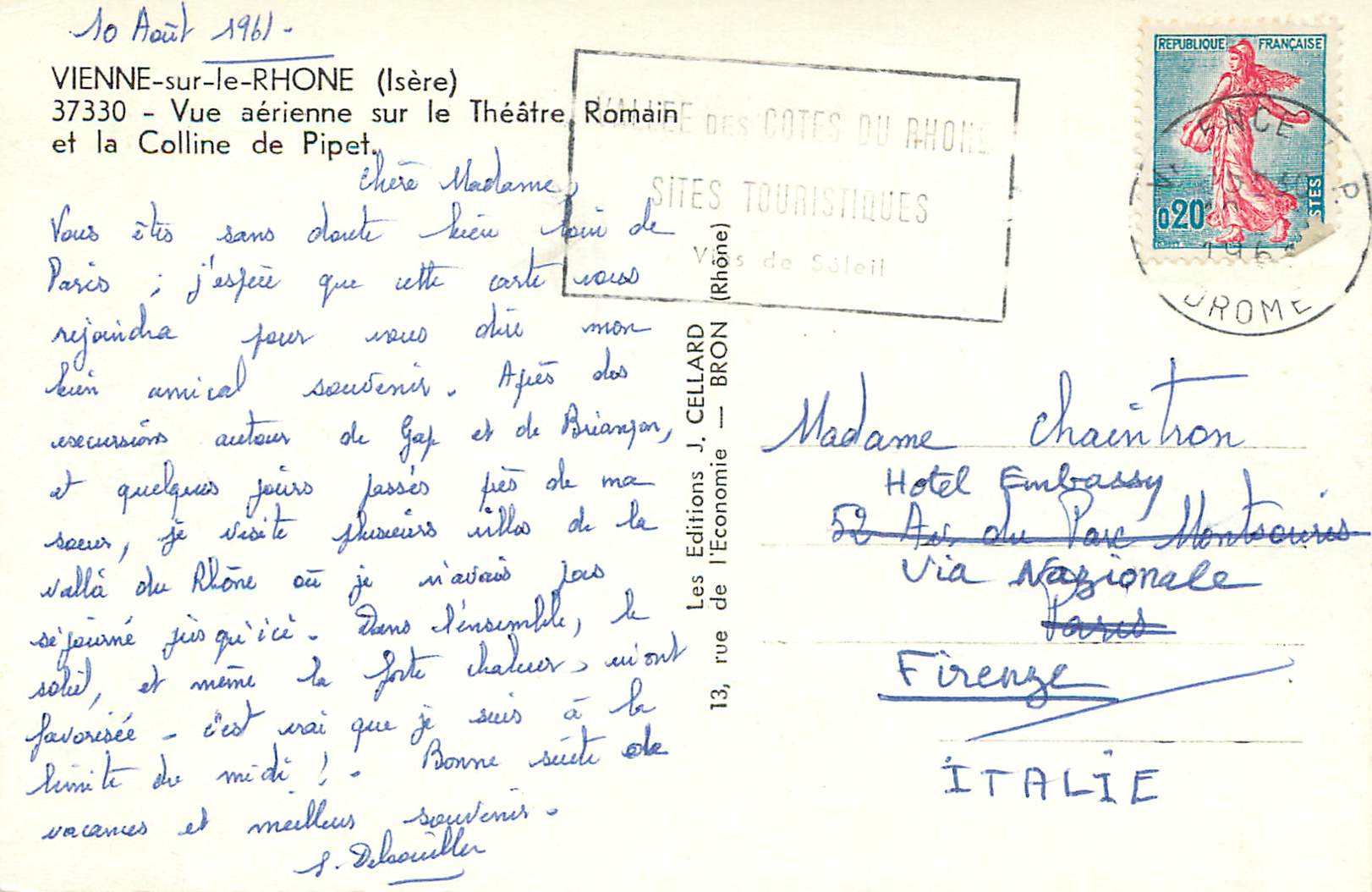 CPM Vienne sur le Rhone (Isere) Vue Aerienne sur le Theatre Romain et la Colline de Pipet — Back