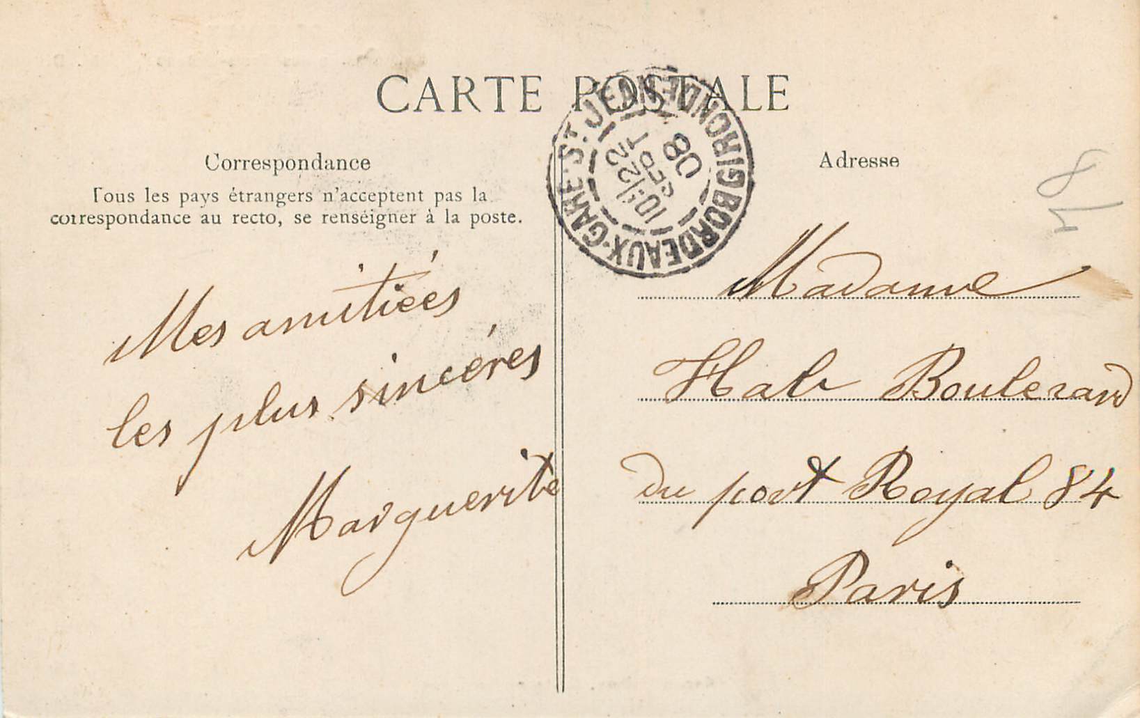 CPA Bordeaux Trois Graces — Verso