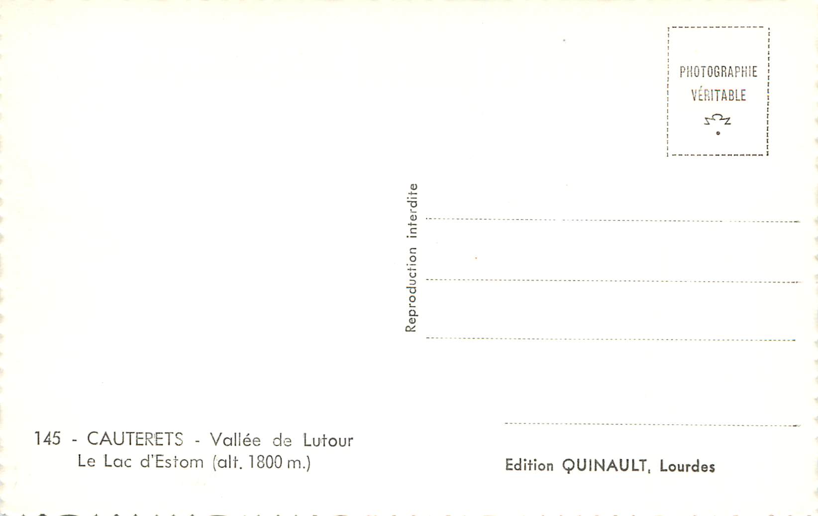 CPM Cauterets Vallee de Lutour Le Lac d'Estom (Alt 1800 m) — Rückseite