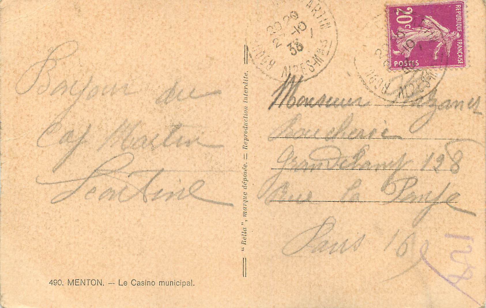 CPA Menton Le casino Municipal — Rückseite