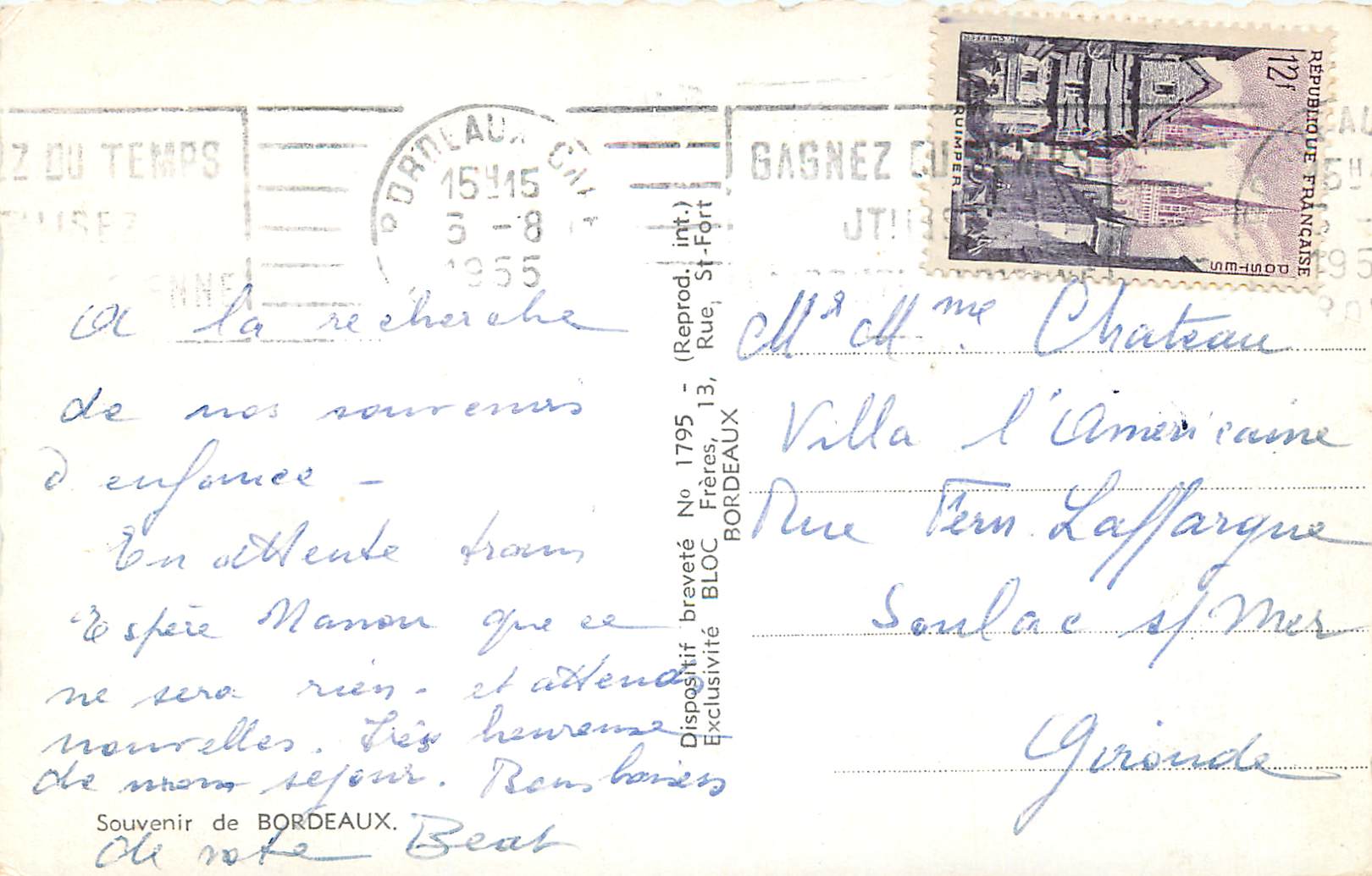 CPA Souvenir de Bordeaux — Rückseite