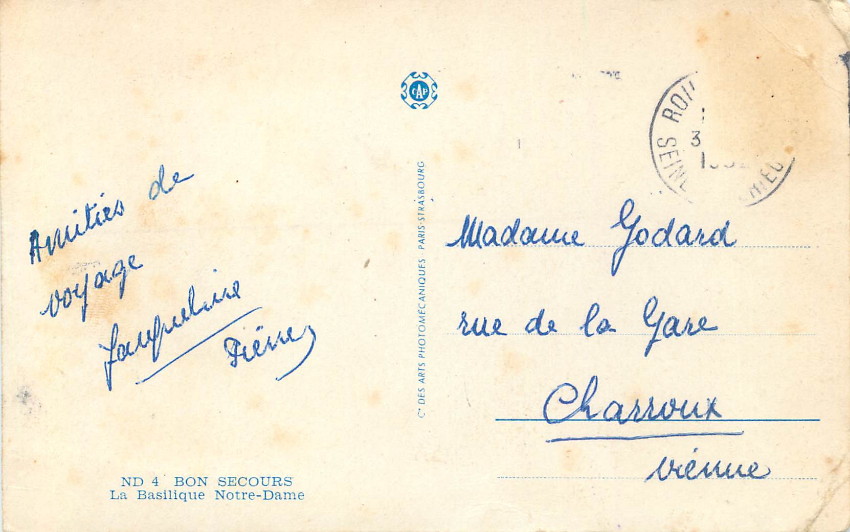 CPA Bon Secours la Basilique Notre Dame — Verso