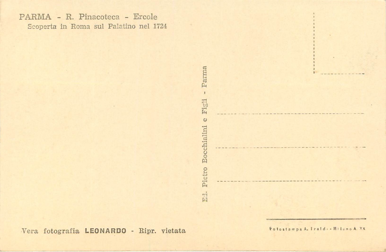 CPA Parma R Pinacoteca Ercole Scoperta in Roma Sul Palatino Nel 1724 Vera Fotografia Leonardo — Rückseite