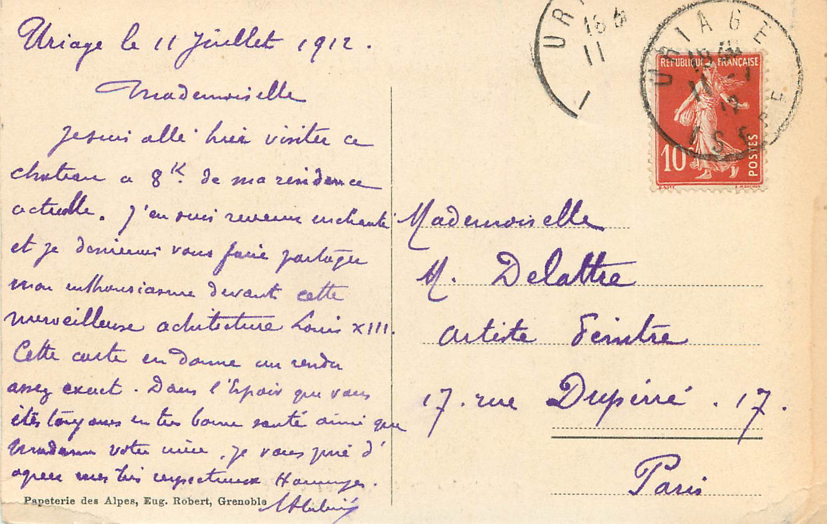 Dauphiné - Le Château de Vizille — Papeterie des Alpes, Eug. Robert, Grenoble — Rückseite