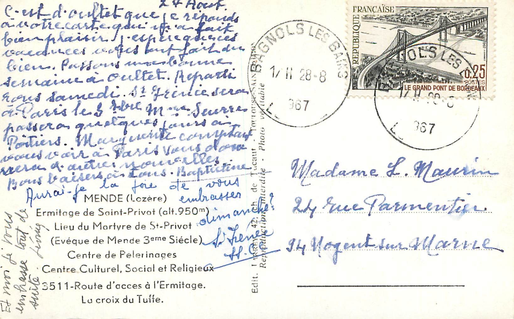 CPM Mende (Lozere) Ermitage de Saint Privat (Alt 950 m) Lieu du Martyre de St Pivot (Eveque de Mende 3eme Siecle) — Rückseite