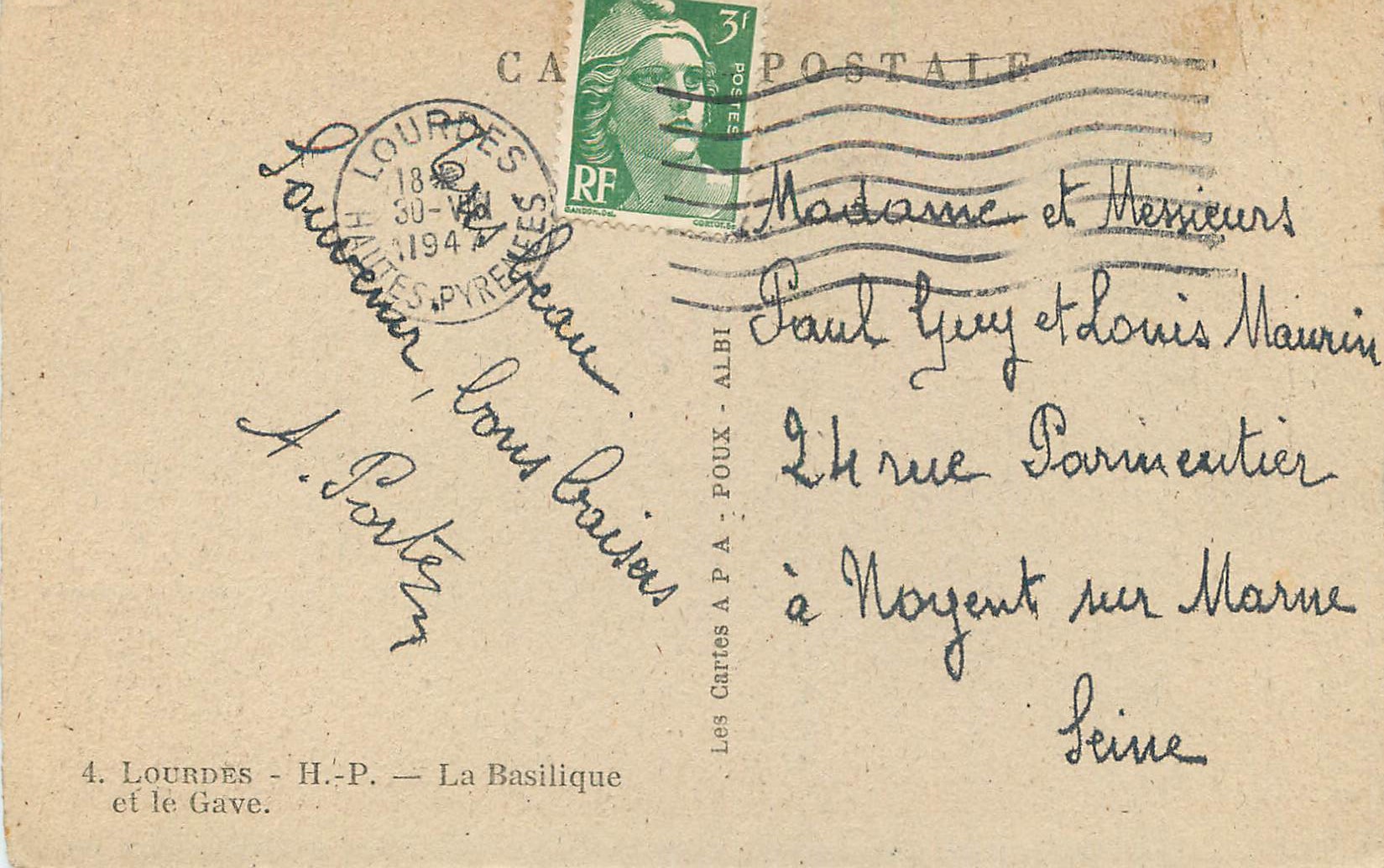 CPA Lourdes H P La Basilique et le Gave — Verso