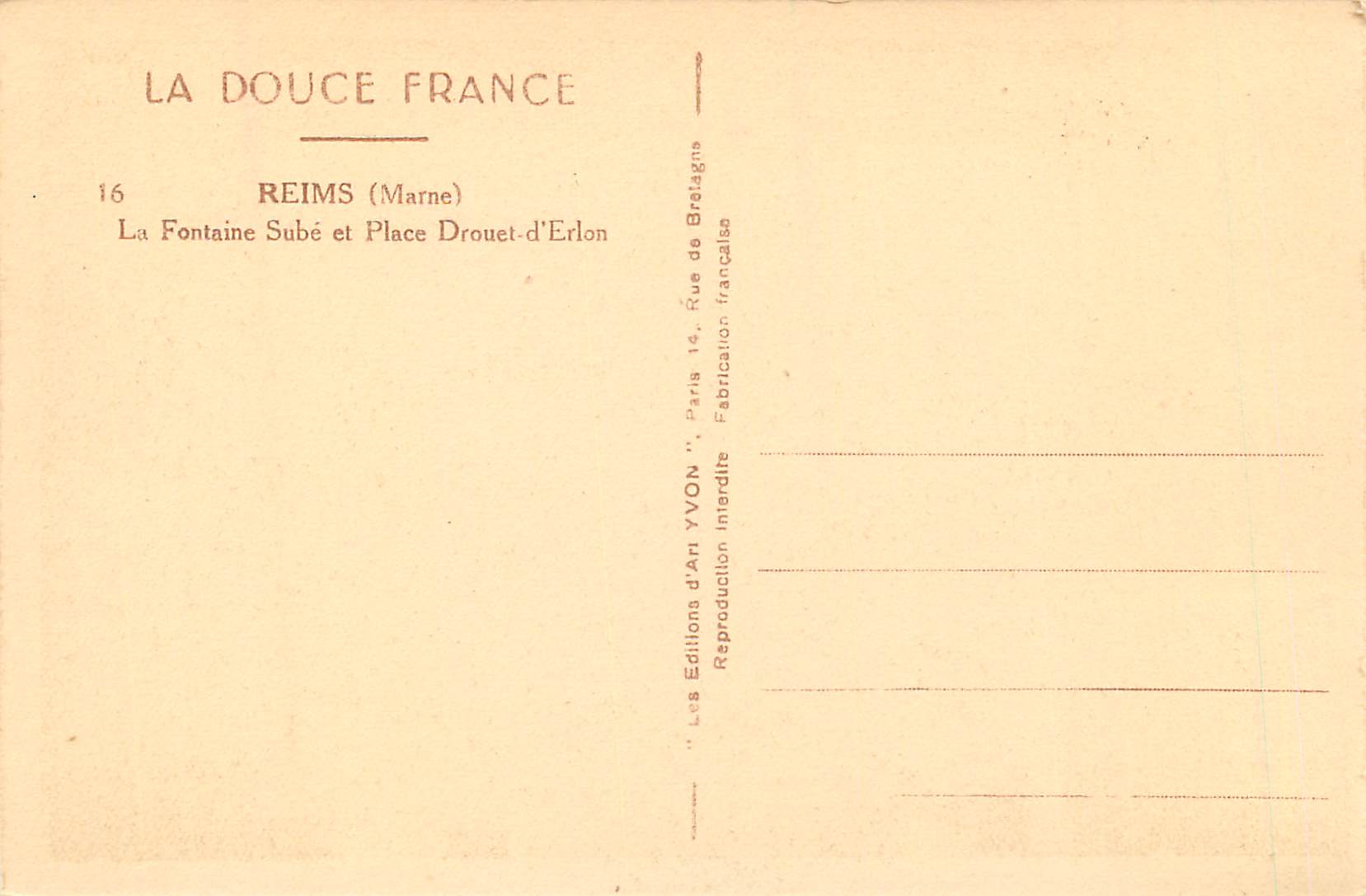 CPA La Douce France Reims (Marne) La Fontaine Sube et Place Drouet d'Erlon — Verso