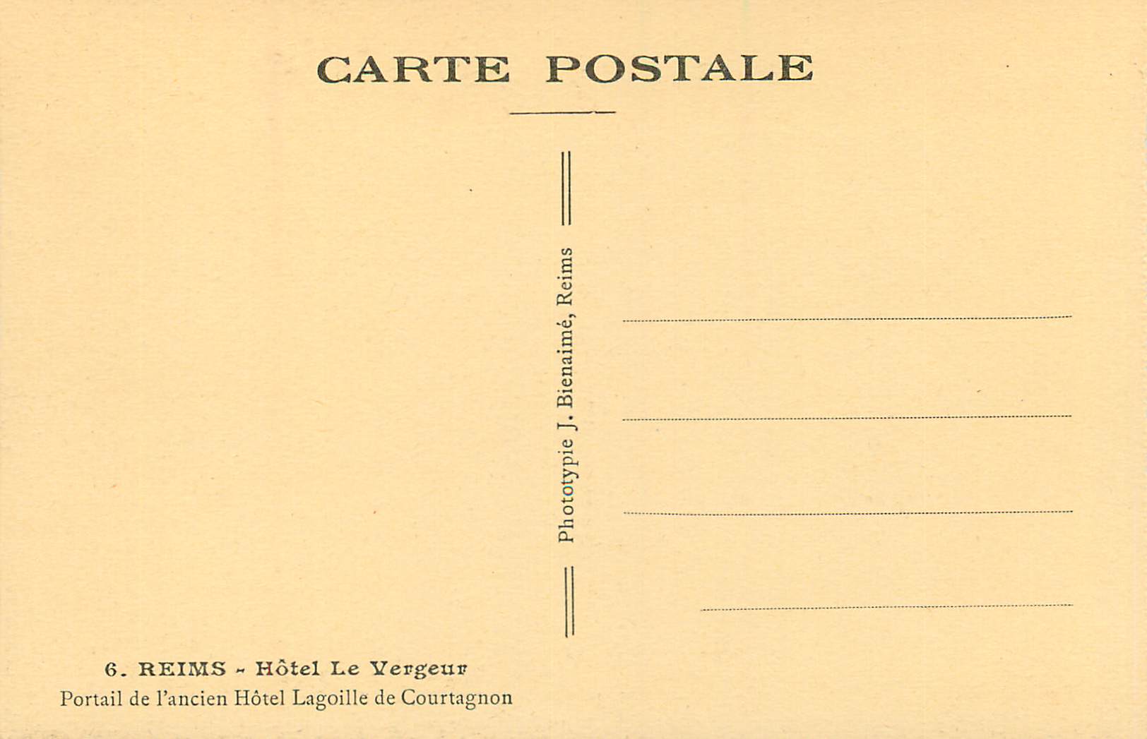 CPA Reims Hotel le Vergeur Portail de l'Ancien Hotel Lagoille de Courtagnon — Verso