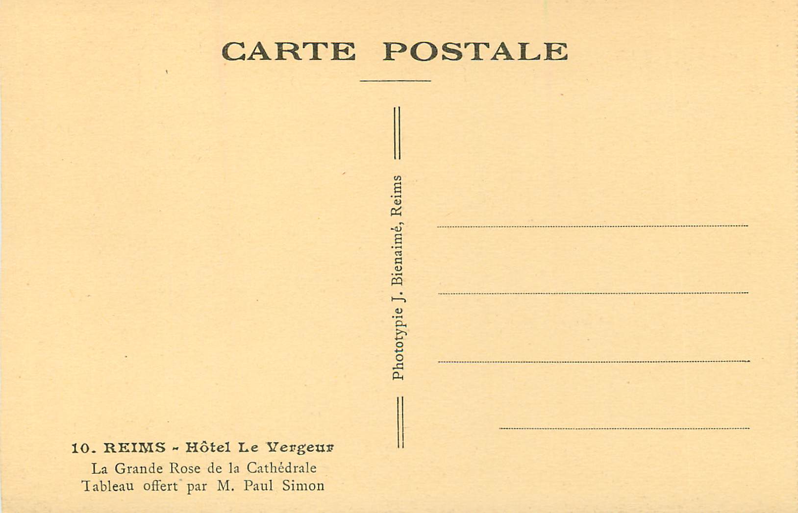 CPA Reims Hotel le Vergeur La Grande Rose de la Cathedrale Tableau Offert par M Paul Simon — Rückseite