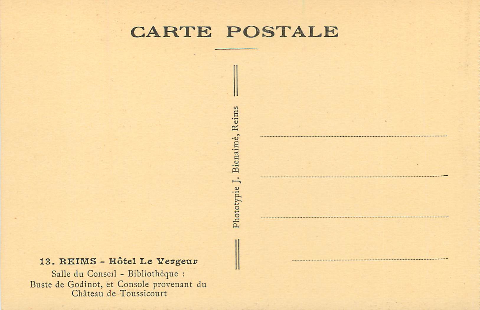 CPA Reims Hotel le Vergeur Salle du Conseil Bibliotheque Chateau de Toussicourt — Rückseite