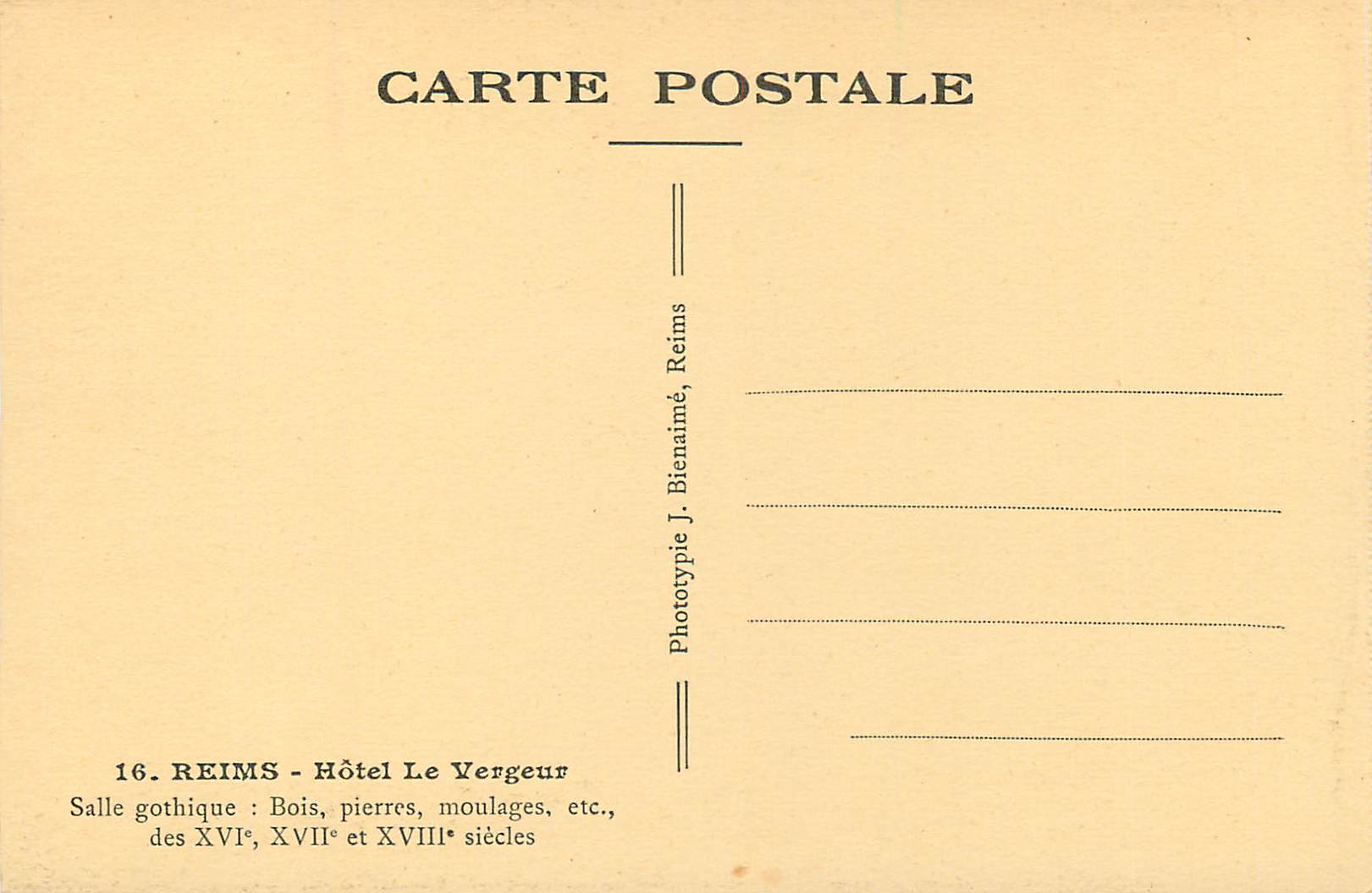 CPA Reims Hotel le Vergeur Salle Gothique Bois Pierres Moulages etc des XVIe XVIIe et XVIIIe Siecles — Verso