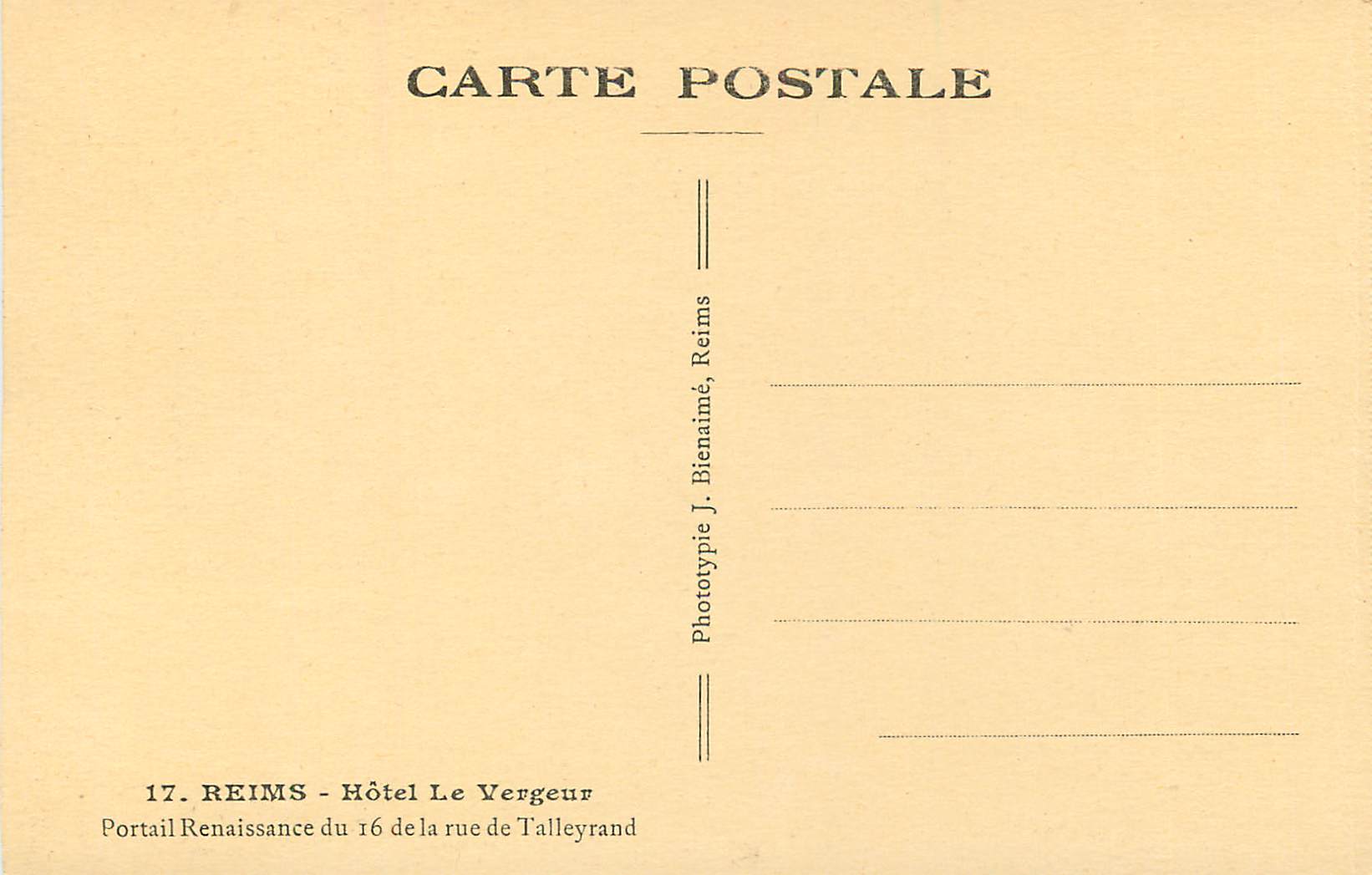 CPA Reims Hotel le Vergeur Portail Renaissance du 16 de la Rue de Talleyrand — Verso