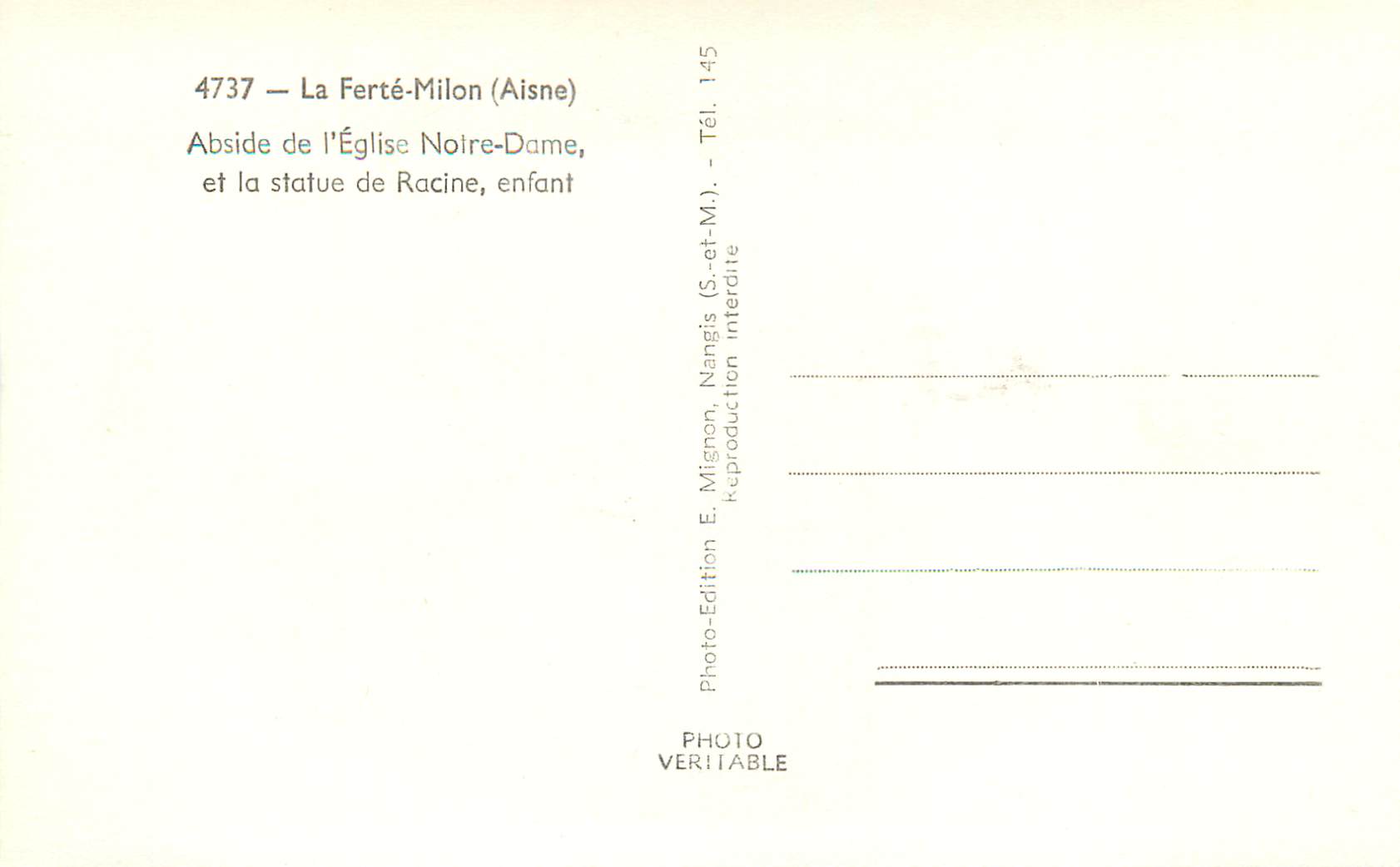 La Ferté-Milon (Aisne) — Abside de l'Église Notre-Dame et statue de Racine, enfant — E. Mignon, n° 4737 — Rückseite