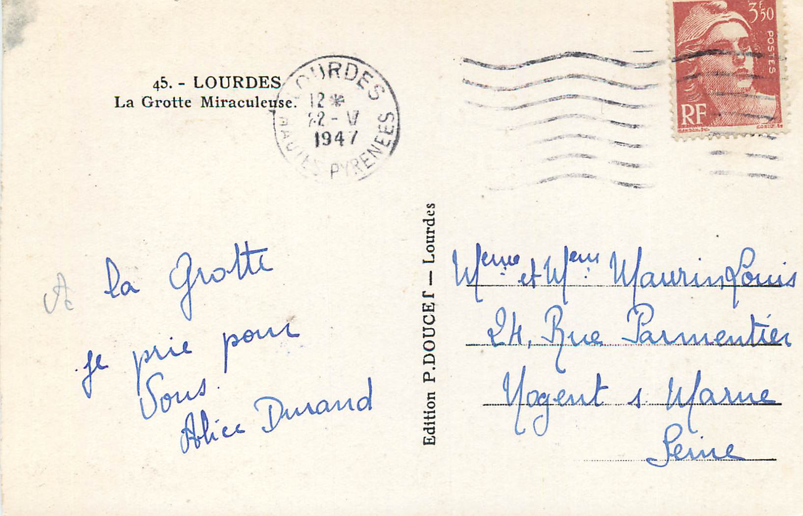 CPM Lourdes la Grotte Miraculeuse — Verso