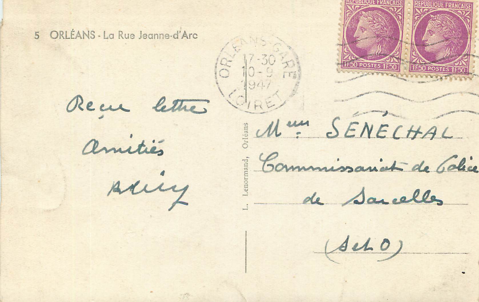 CPA Orleans la Rue Jeanne d'Arc — Verso