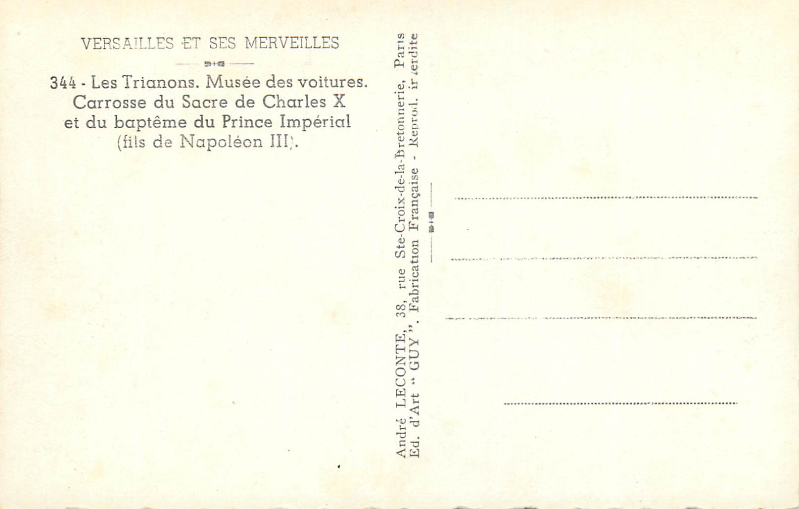 Carrosse du Sacre de Charles X et du baptême du Prince Impérial (fils de Napoléon III) — Versailles, Musée des voitures — Éd. André LECONTE, Paris — Verso