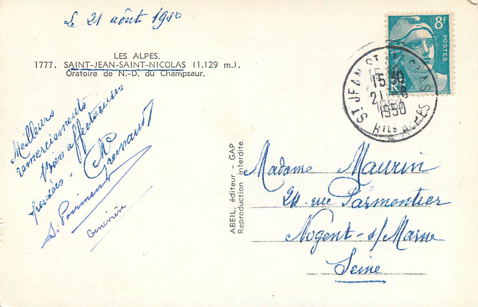 CPM les Alpes Saint Jean Saint Nicolas 1129m Oratoire de ND du Champsaur — Verso