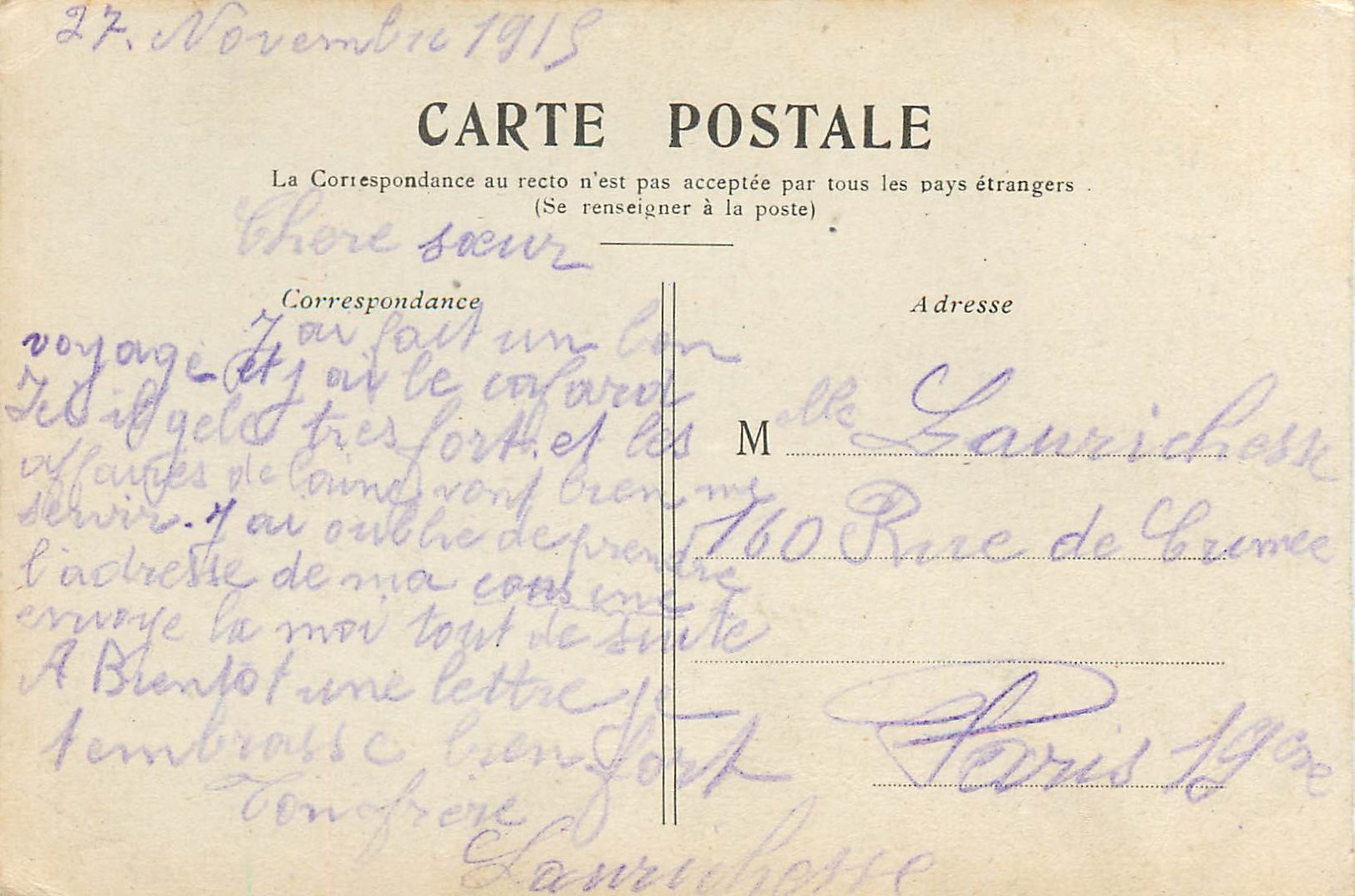 CPA Paris la Colonne Vendome — Verso