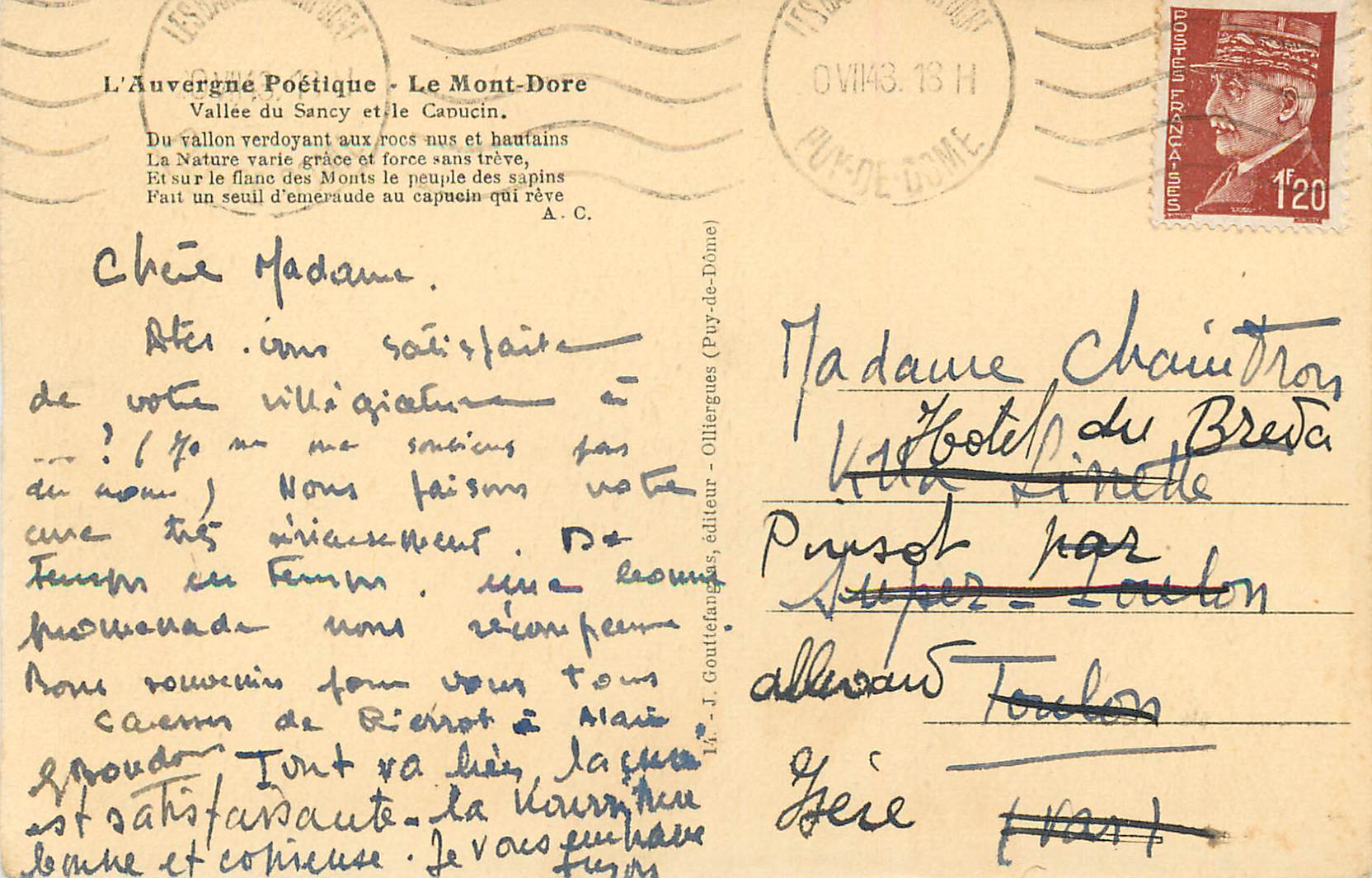 Le Mont-Dore — Vallée du Sancy et le Capucin — J.-J. Coutletanges, éditeur — Verso