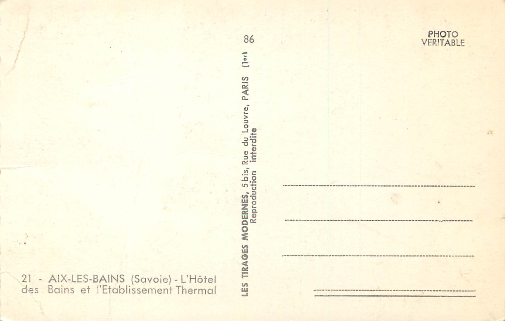 CPM Aix les Bains (Savoie) l'Hotel des Bains et l'Etablissement Thermal — Verso