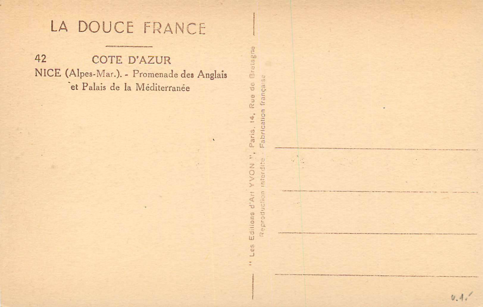 CPA Cote d'Azur Nice (Alpes Mar) Promenade des Anglais et Palais de la Mediterranee — Rückseite