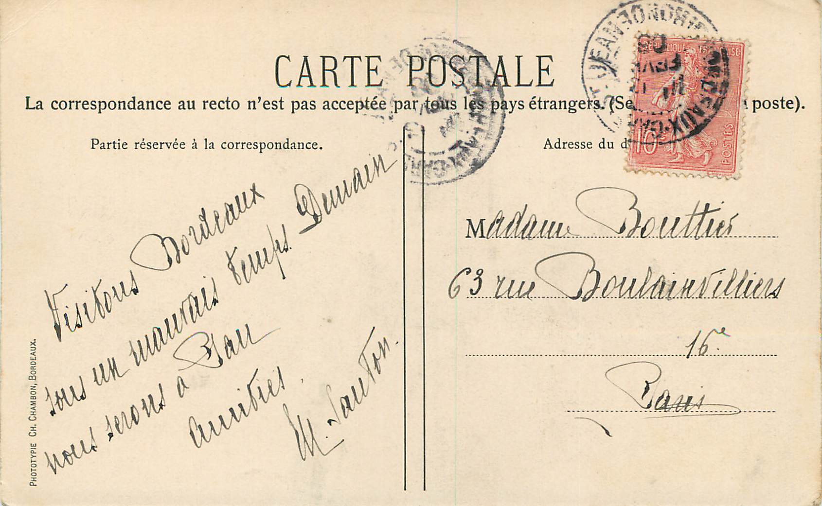 CPA Bordeaux Eglise Sainte Croix — Verso
